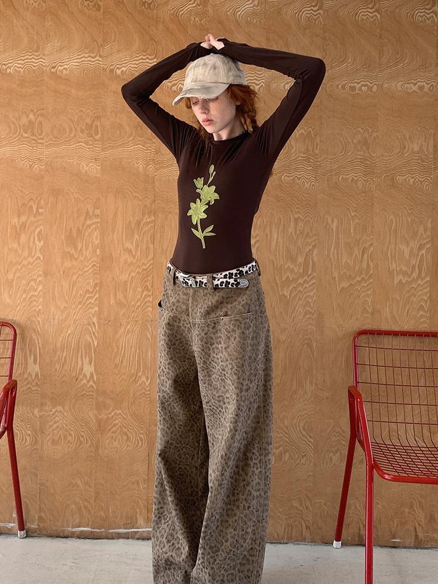 DIDDI MODA Retro Leopard Print Wide Leg Pants Bow Sweater Set