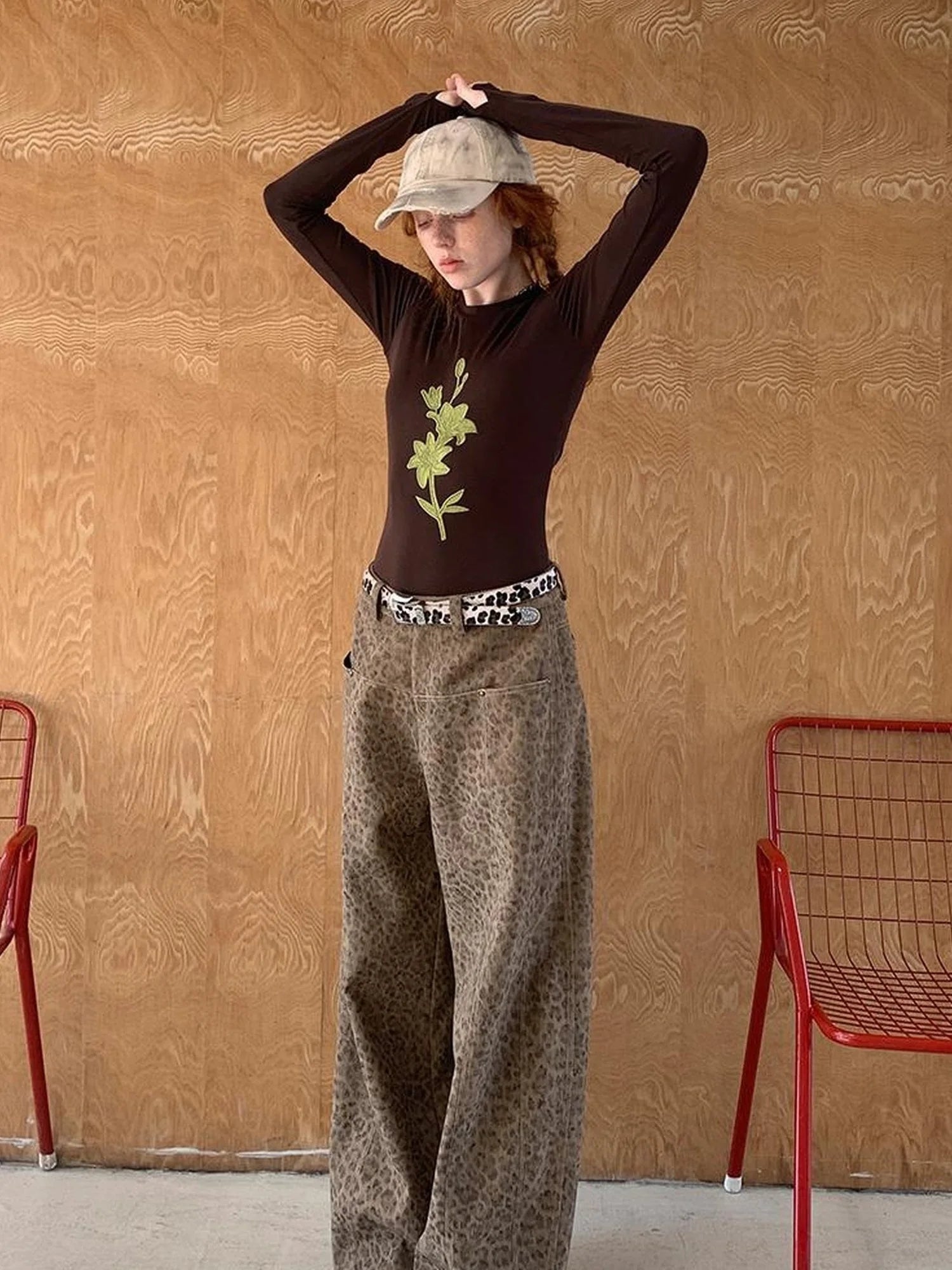 Retro Leopard Print Wide Leg Pants Bow Sweater Set