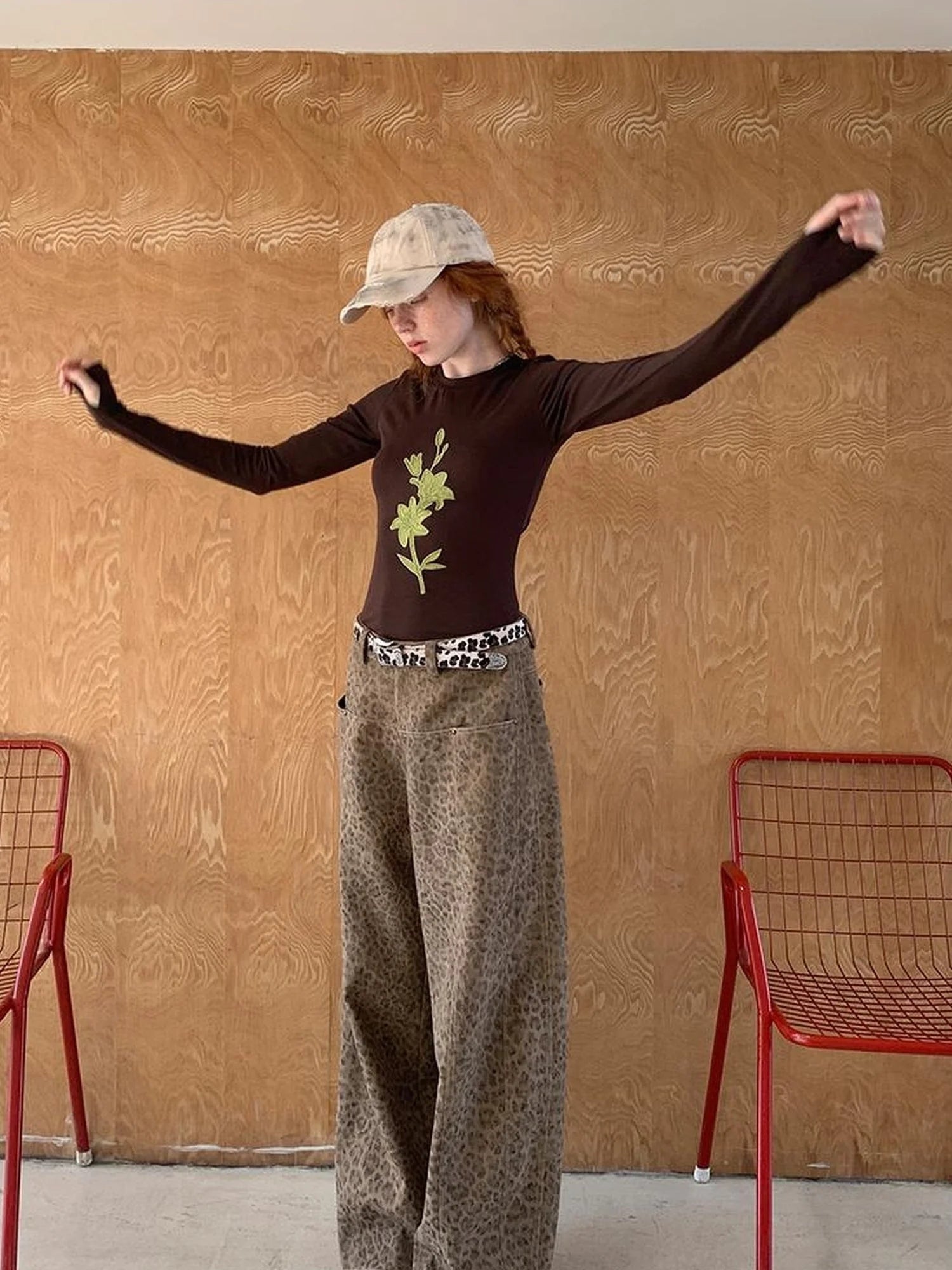 Retro Leopard Print Wide Leg Pants Bow Sweater Set