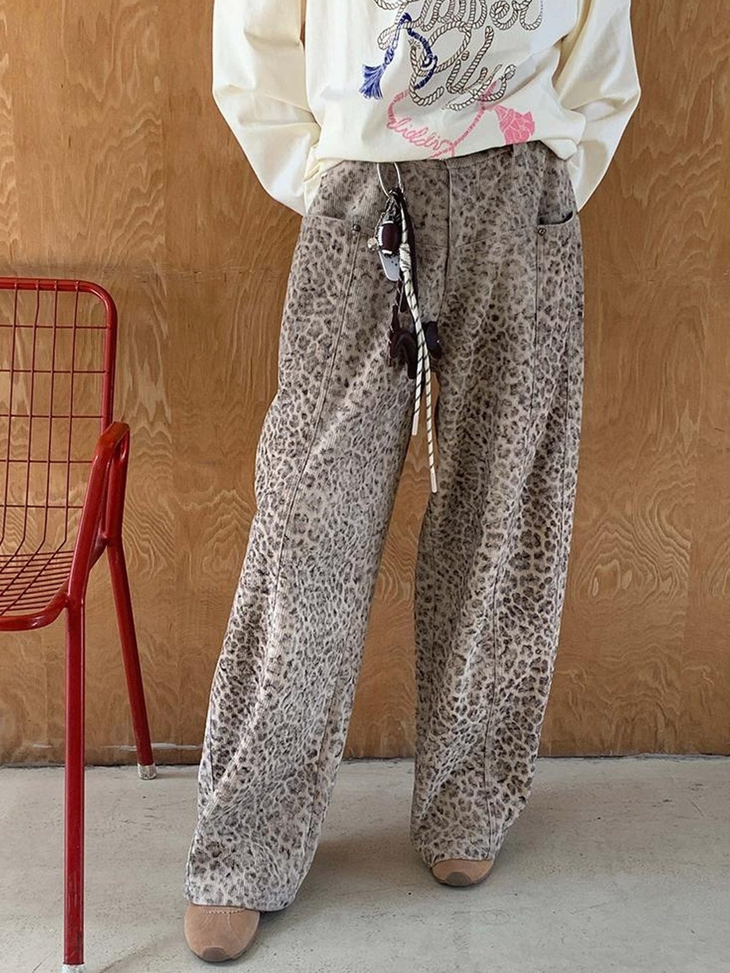 DIDDI MODA Retro Leopard Print Wide Leg Pants Bow Sweater Set