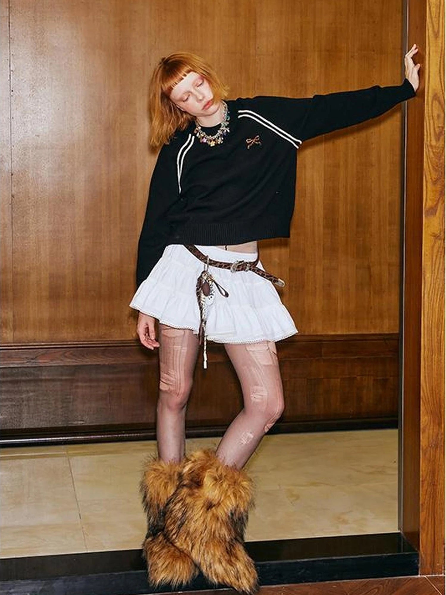 Retro Leopard Print Wide Leg Pants Bow Sweater Set