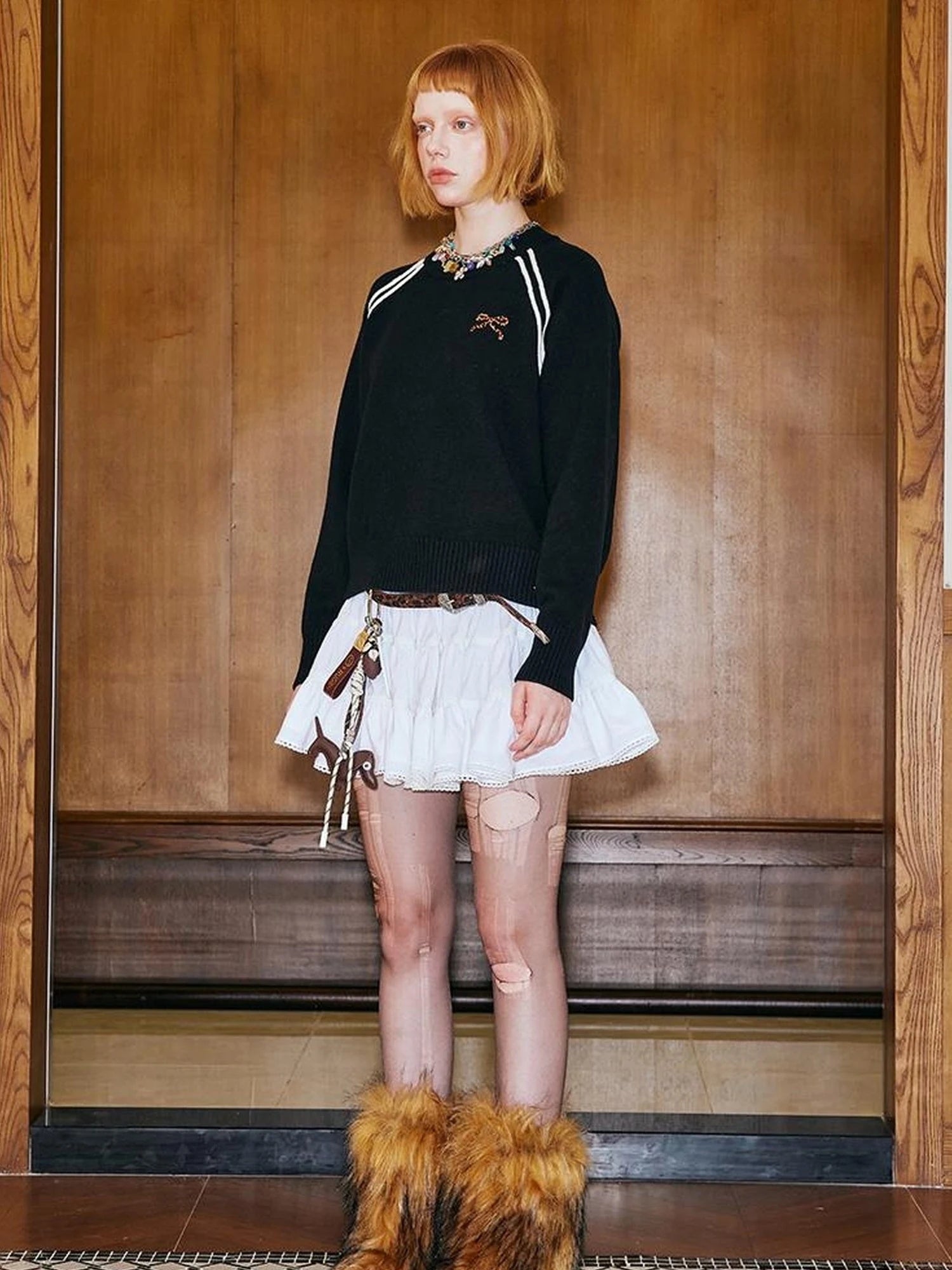 Retro Leopard Print Wide Leg Pants Bow Sweater Set