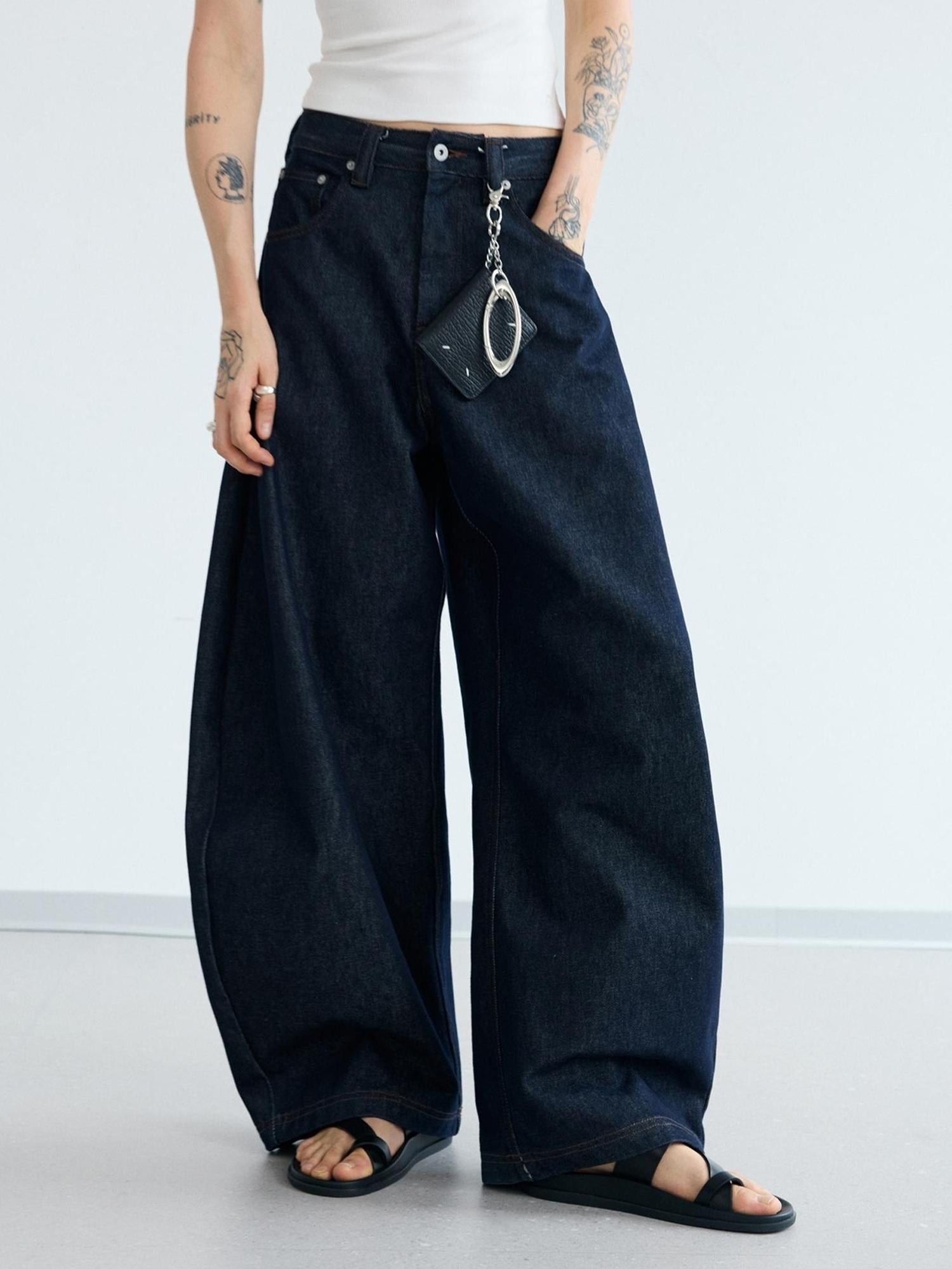 Peoplesense Retro Loose Fit Curved Hem Denim Pants