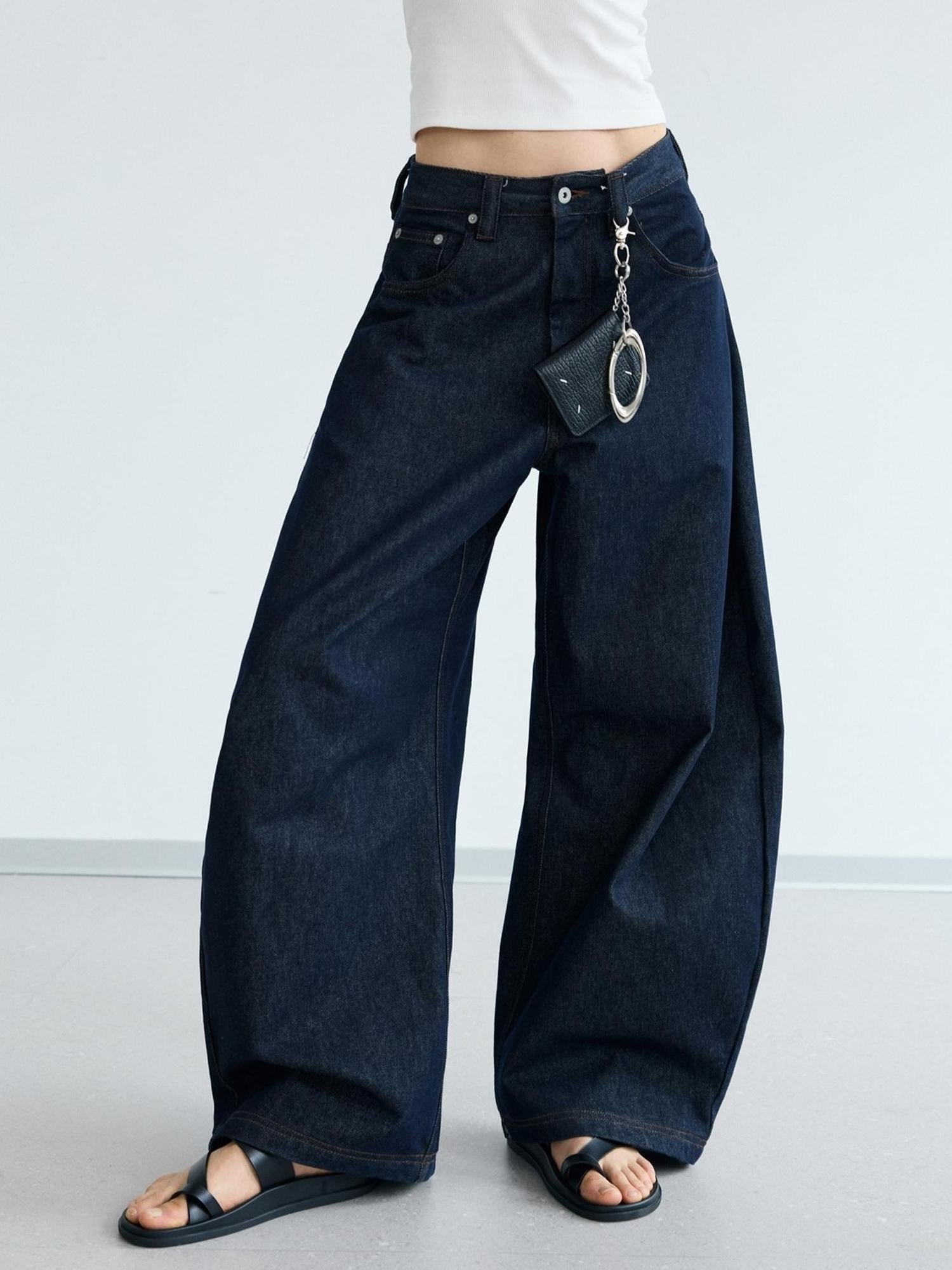 Peoplesense Retro Loose Fit Curved Hem Denim Pants