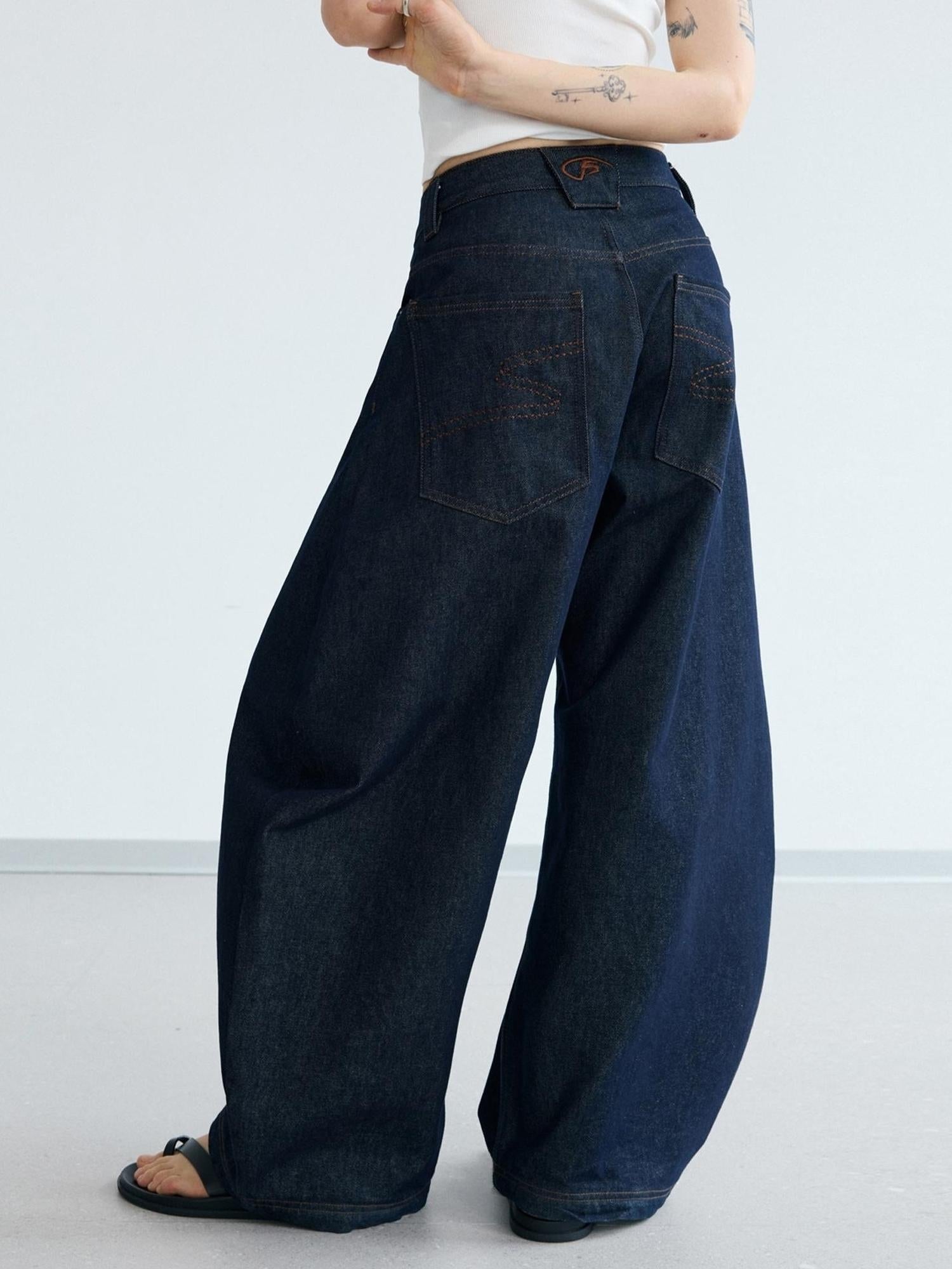 Peoplesense Retro Loose Fit Curved Hem Denim Pants