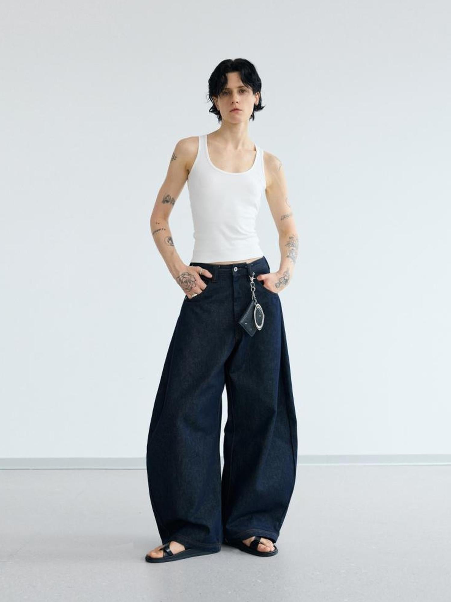 Peoplesense Retro Loose Fit Curved Hem Denim Pants