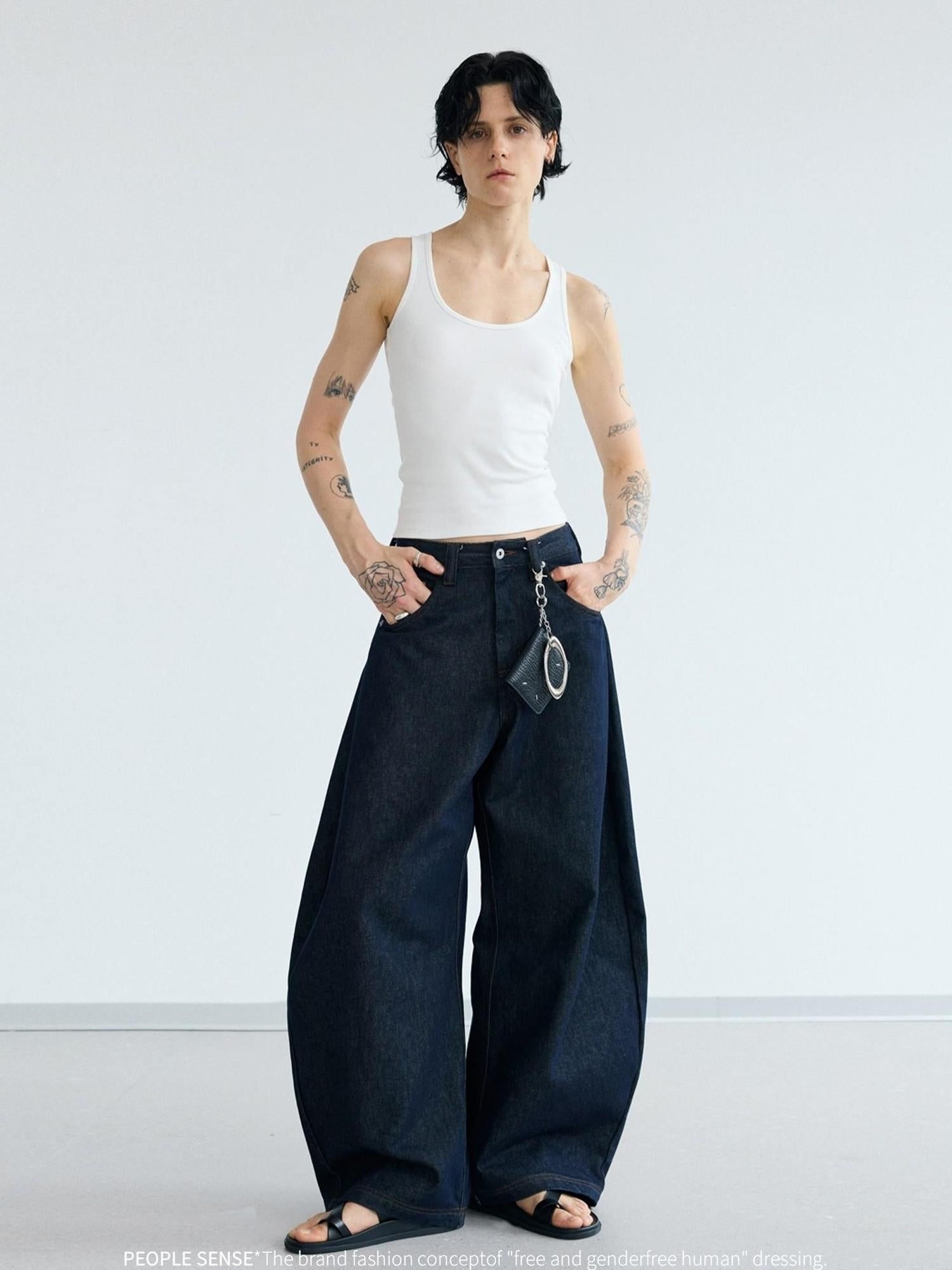 Peoplesense Retro Loose Fit Curved Hem Denim Pants