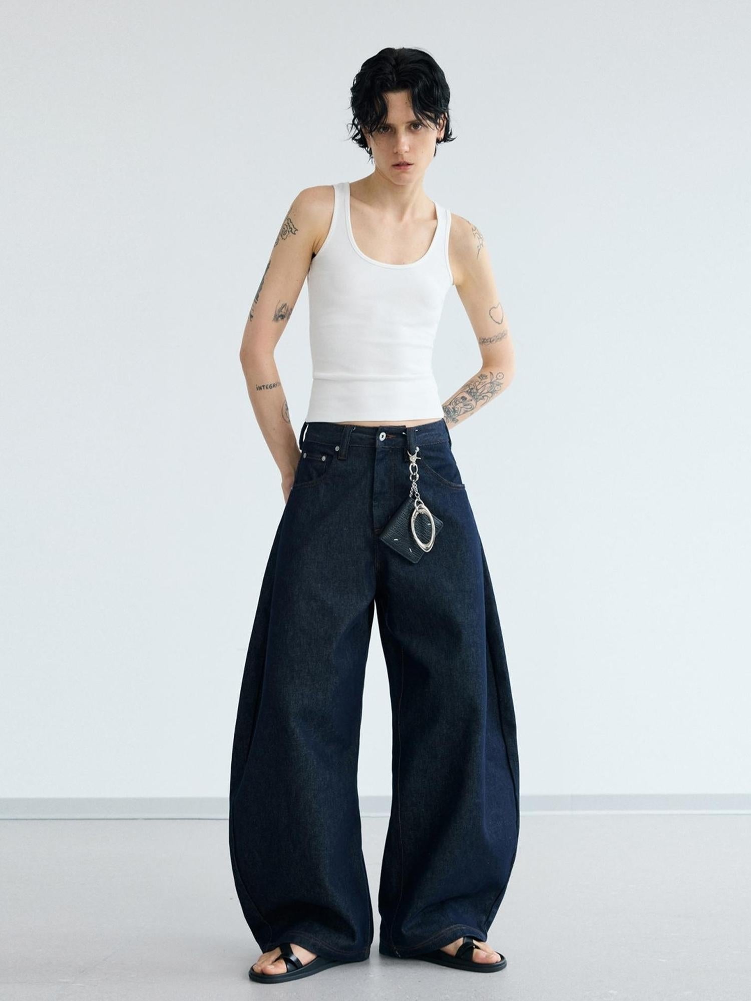 Peoplesense Retro Loose Fit Curved Hem Denim Pants