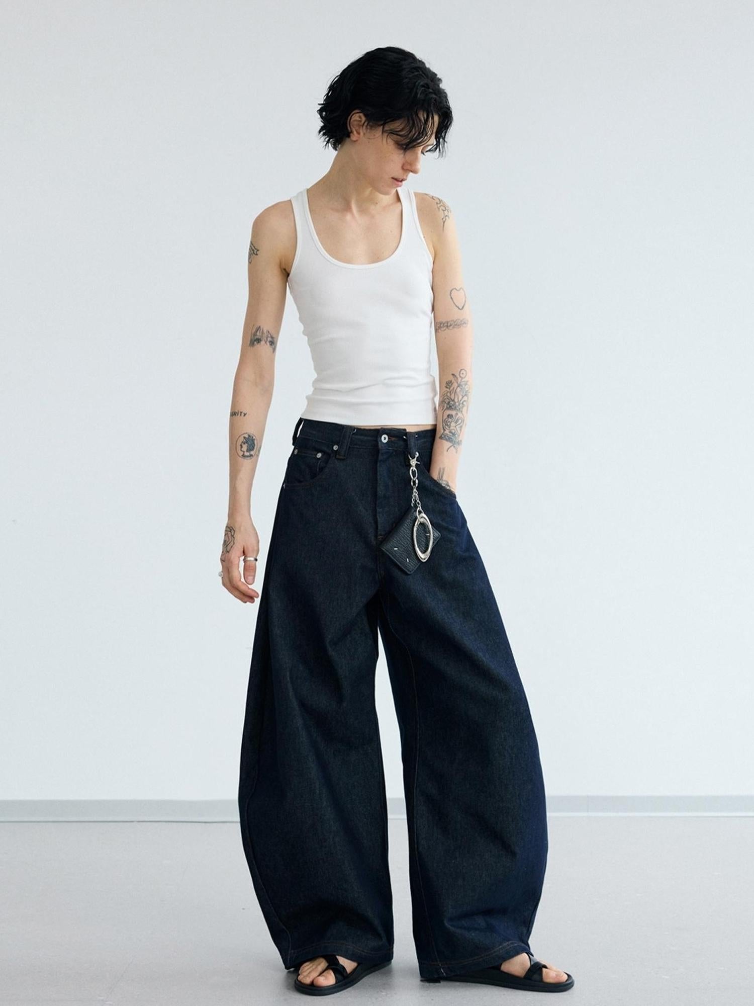 Peoplesense Retro Loose Fit Curved Hem Denim Pants