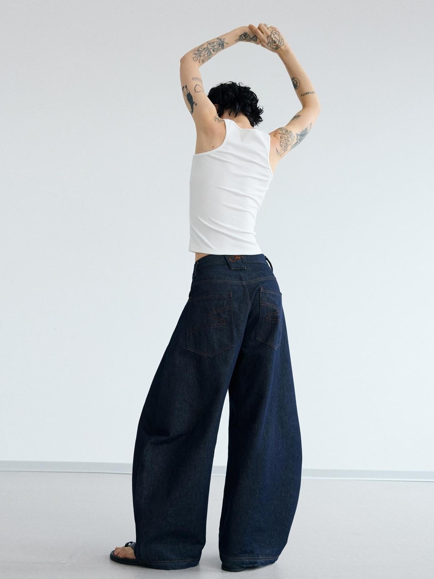 Peoplesense Retro Loose Fit Curved Hem Denim Pants