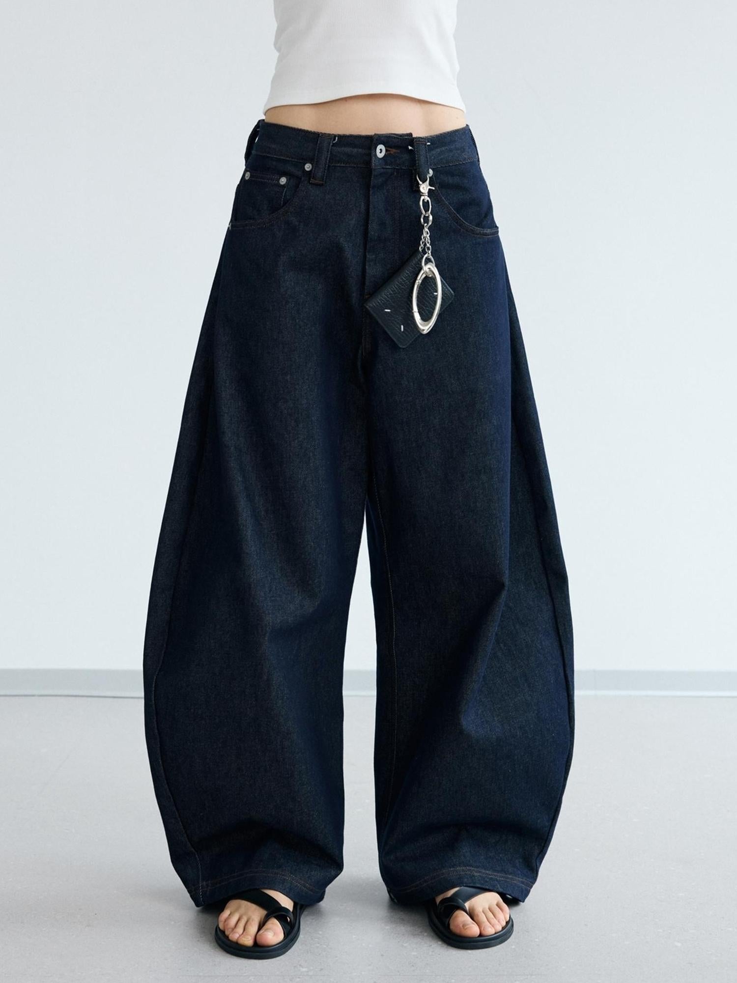 Peoplesense Retro Loose Fit Curved Hem Denim Pants