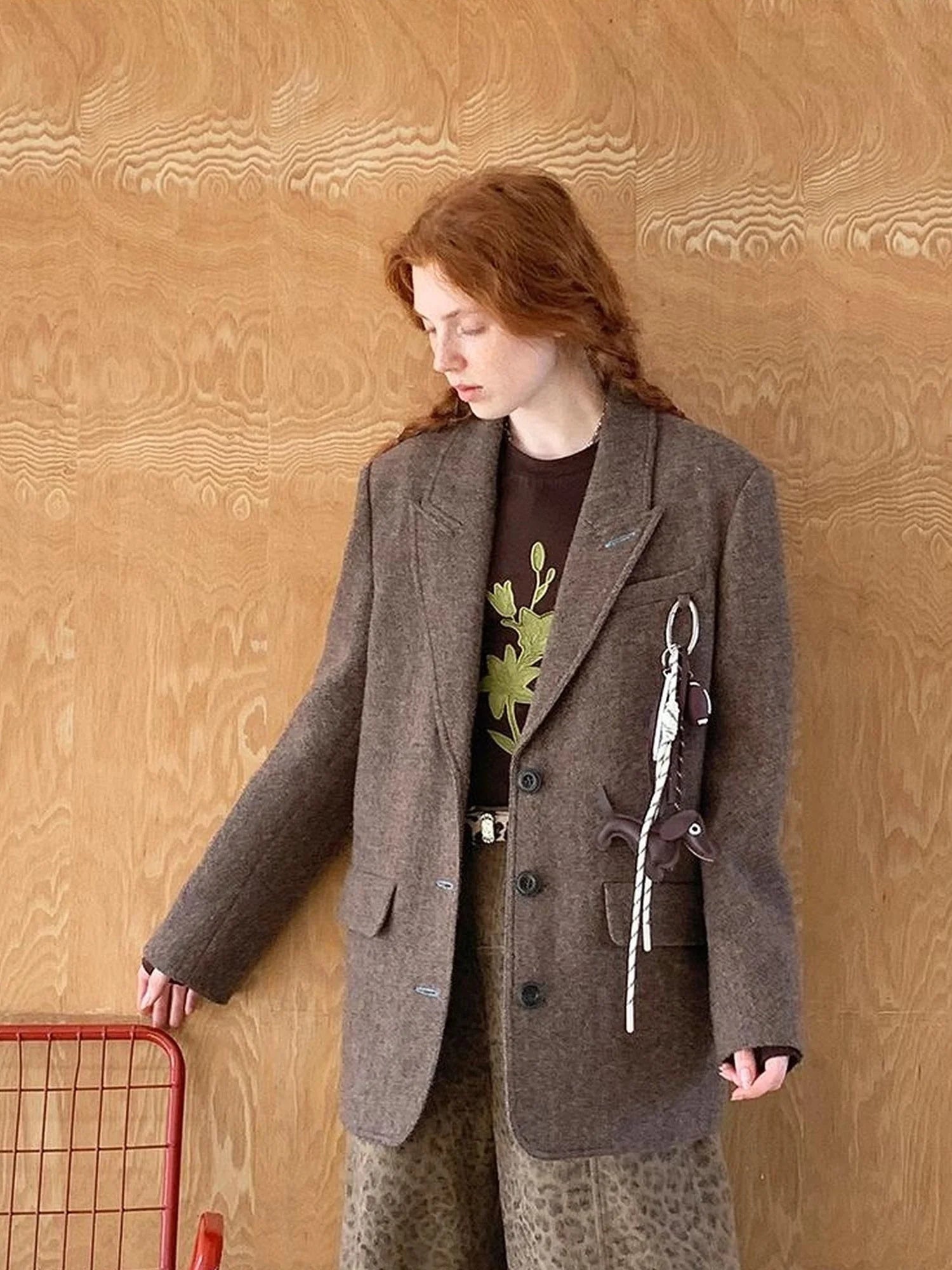 Retro Notch Lapel Contrast Buttonhole Wool Blend Blazer