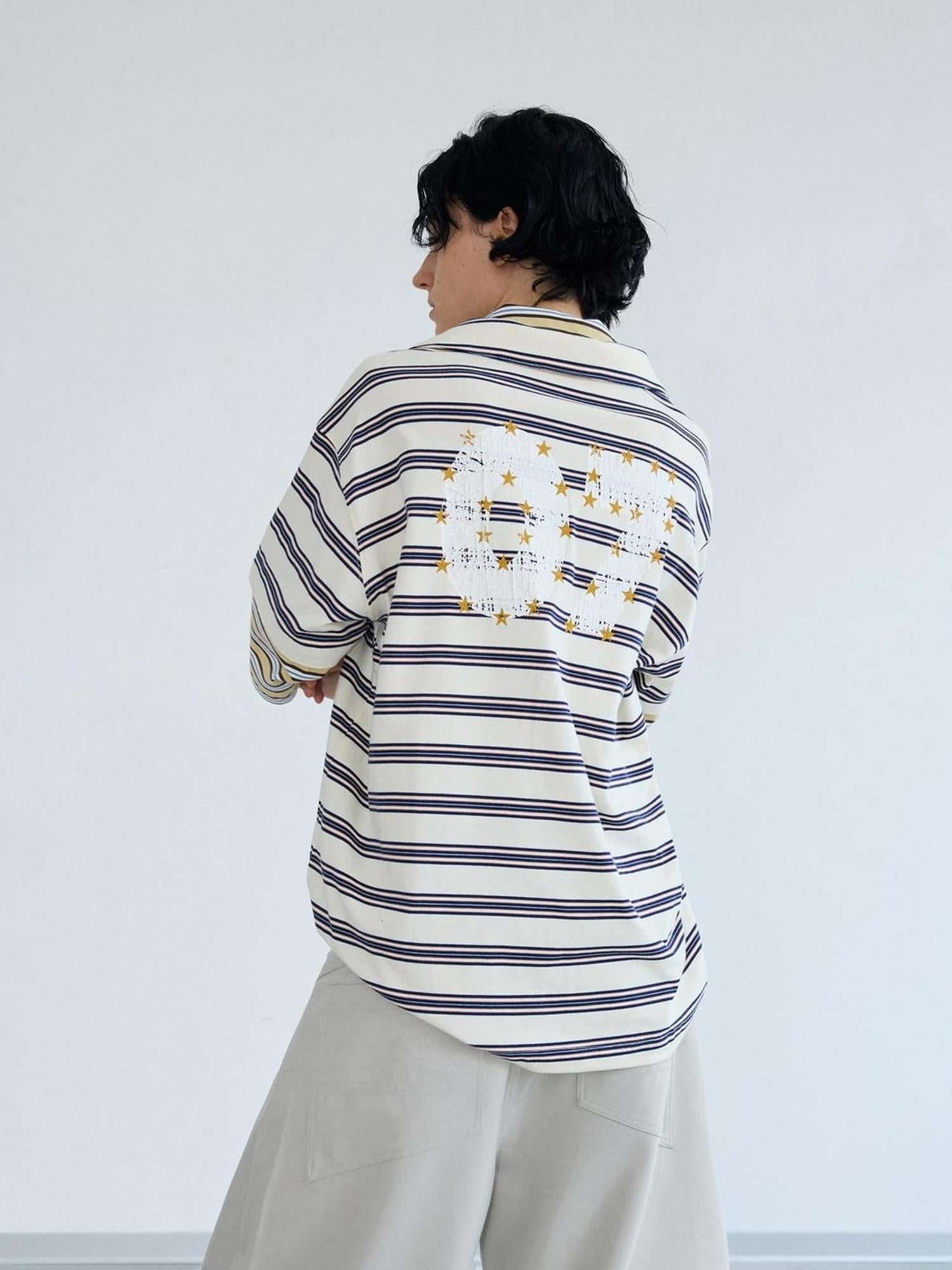 Peoplesense Retro Nylon Zip Polo Contrast Stripe Loose Tee
