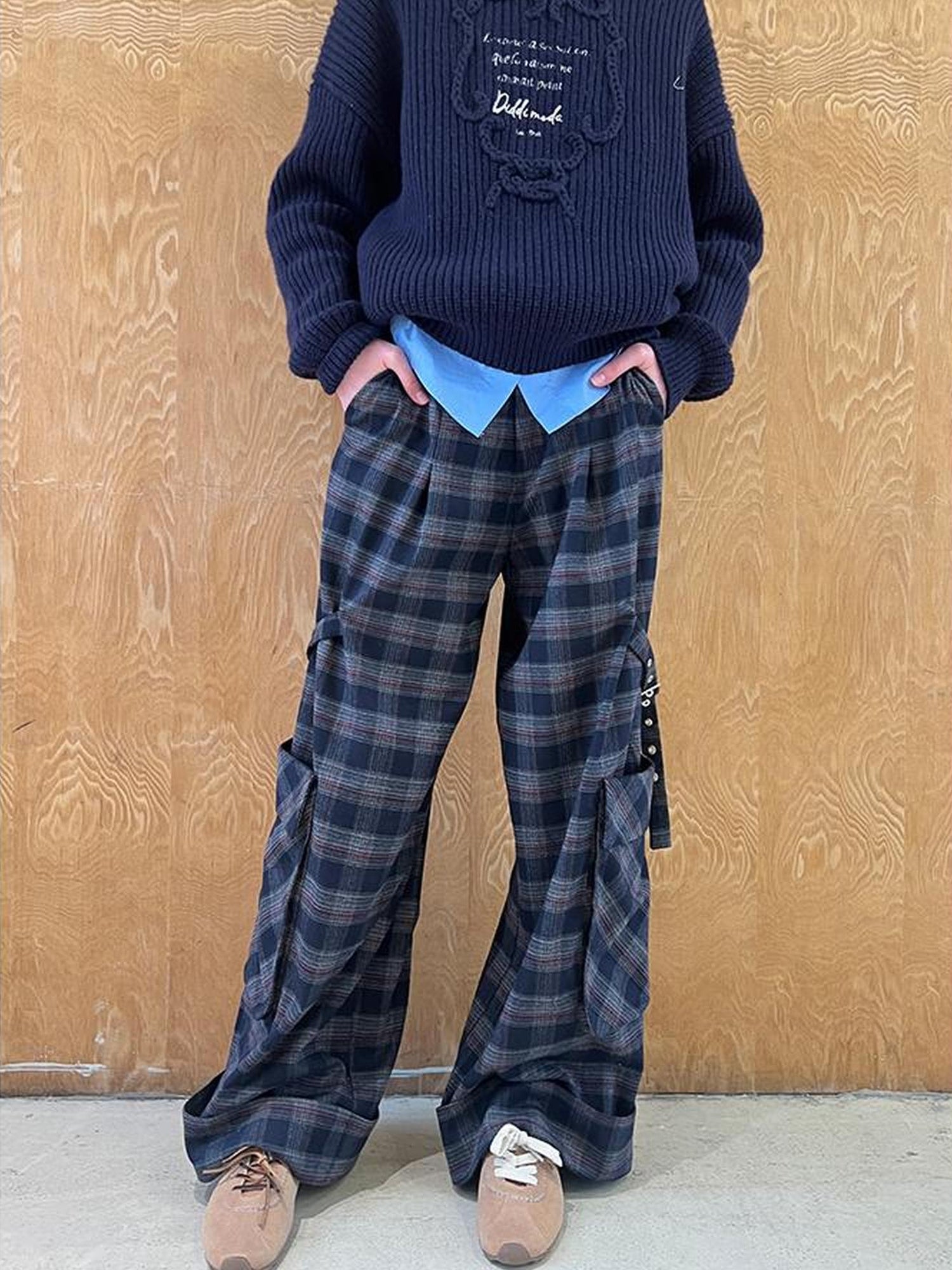 DIDDI MODA Retro Plaid Cargo Pants For Women Relaxed Fit Stylish Design
