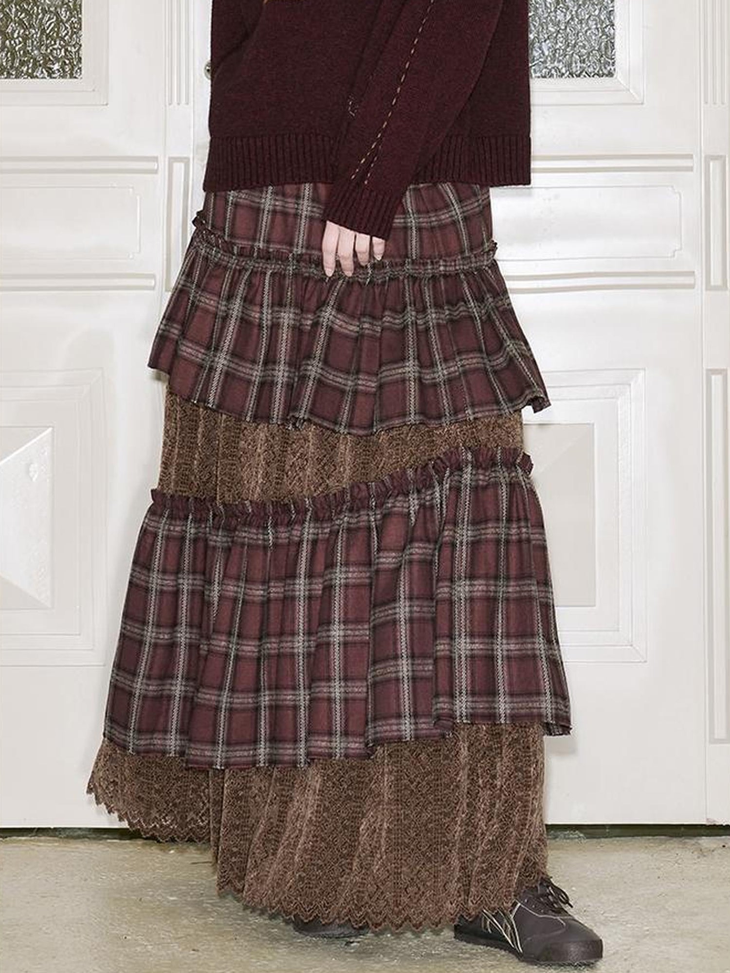 DIDDI MODA Retro Plaid Lace Tiered Ruffle Skirt