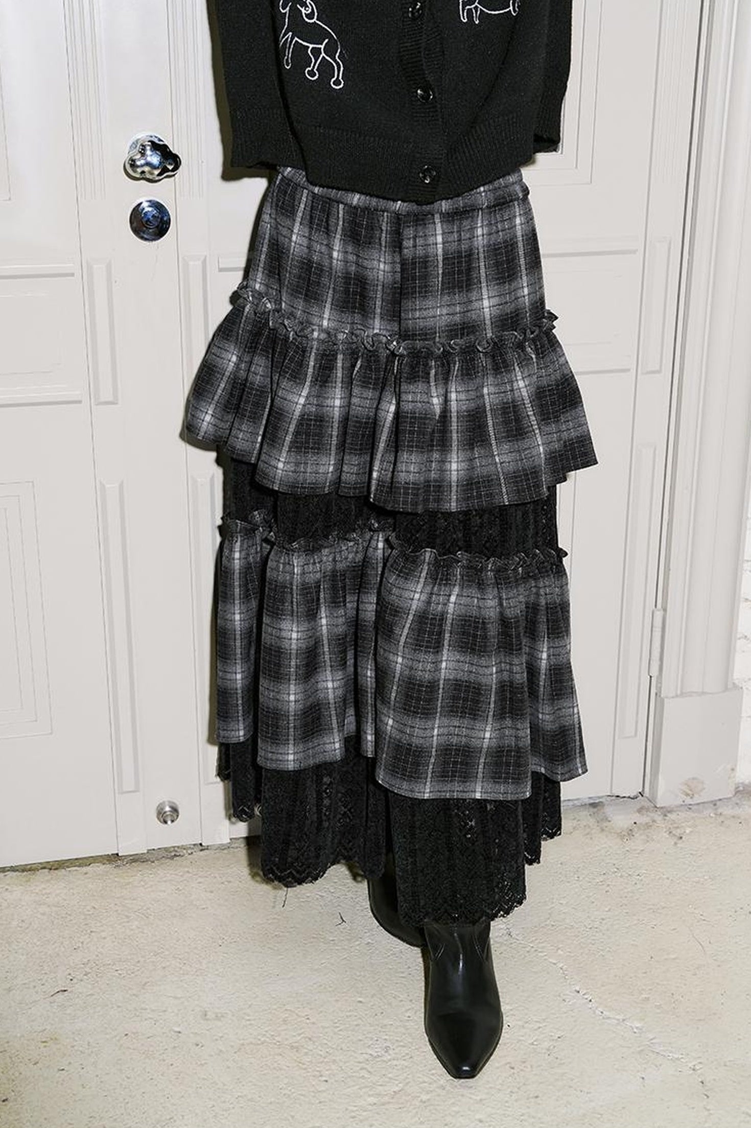 DIDDI MODA Retro Plaid Lace Tiered Ruffle Skirt