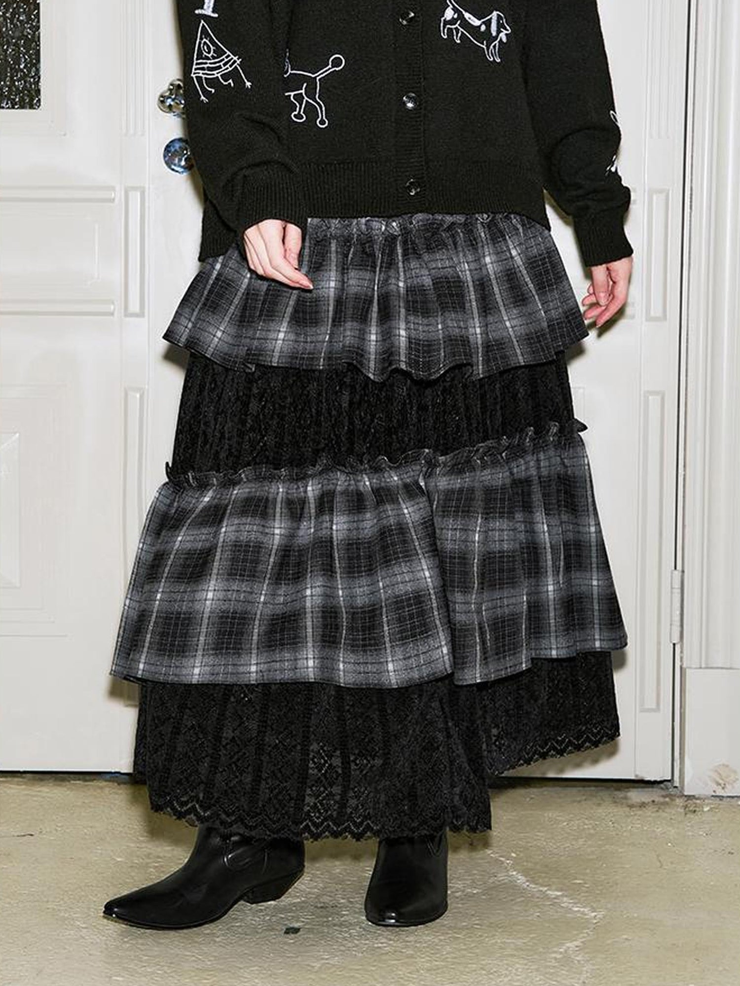 DIDDI MODA Retro Plaid Lace Tiered Ruffle Skirt