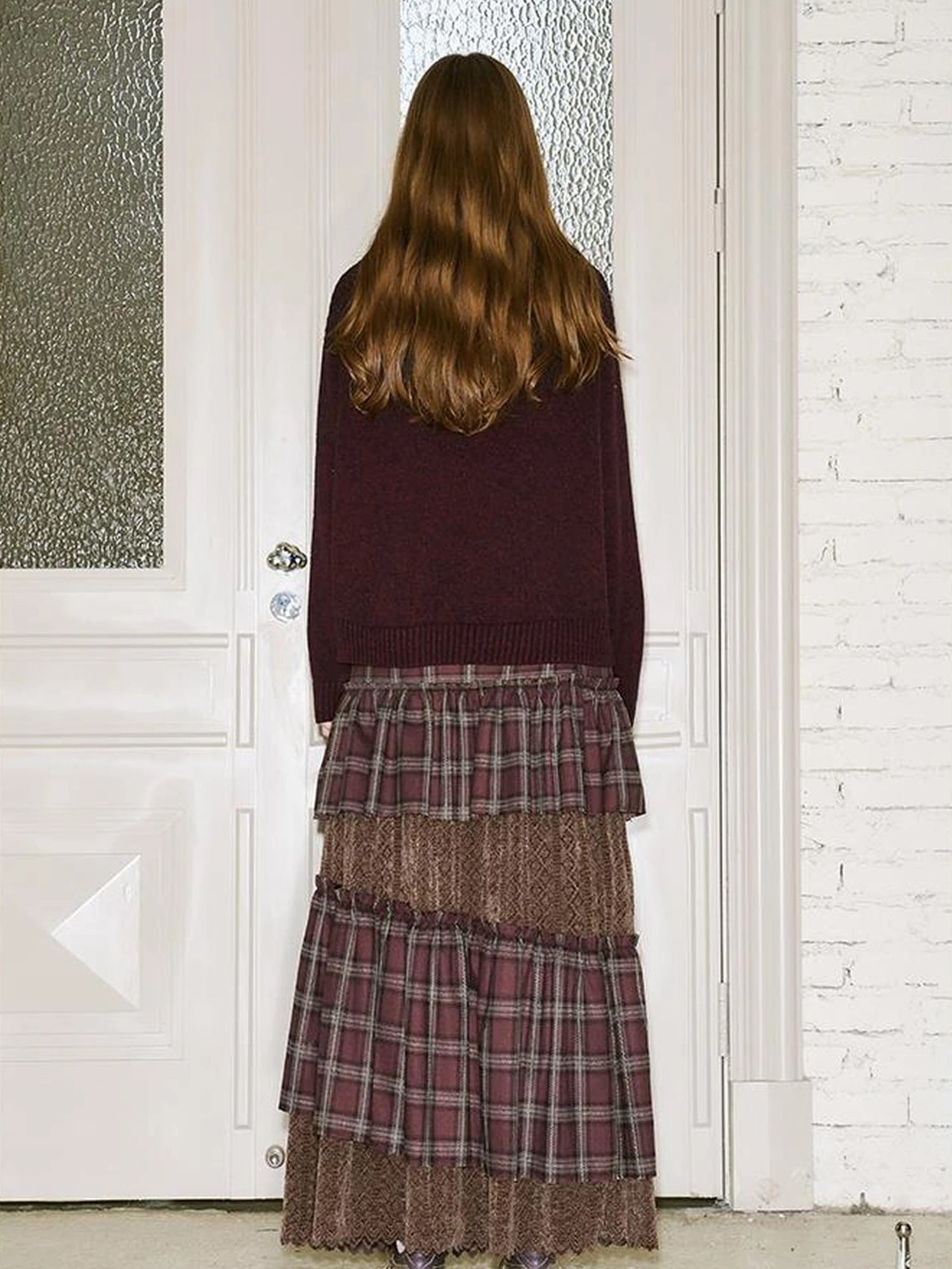 Retro Plaid Lace Tiered Ruffle Skirt