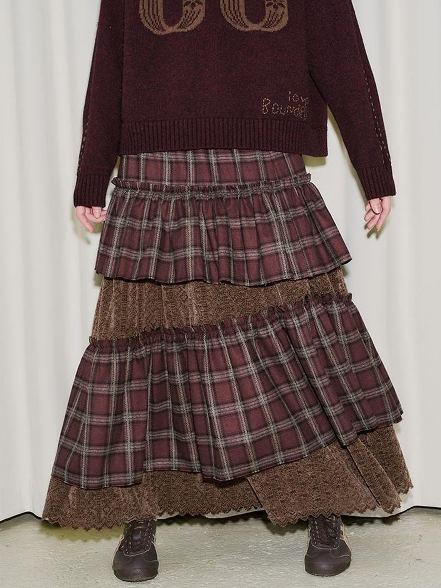 DIDDI MODA Retro Plaid Lace Tiered Ruffle Skirt