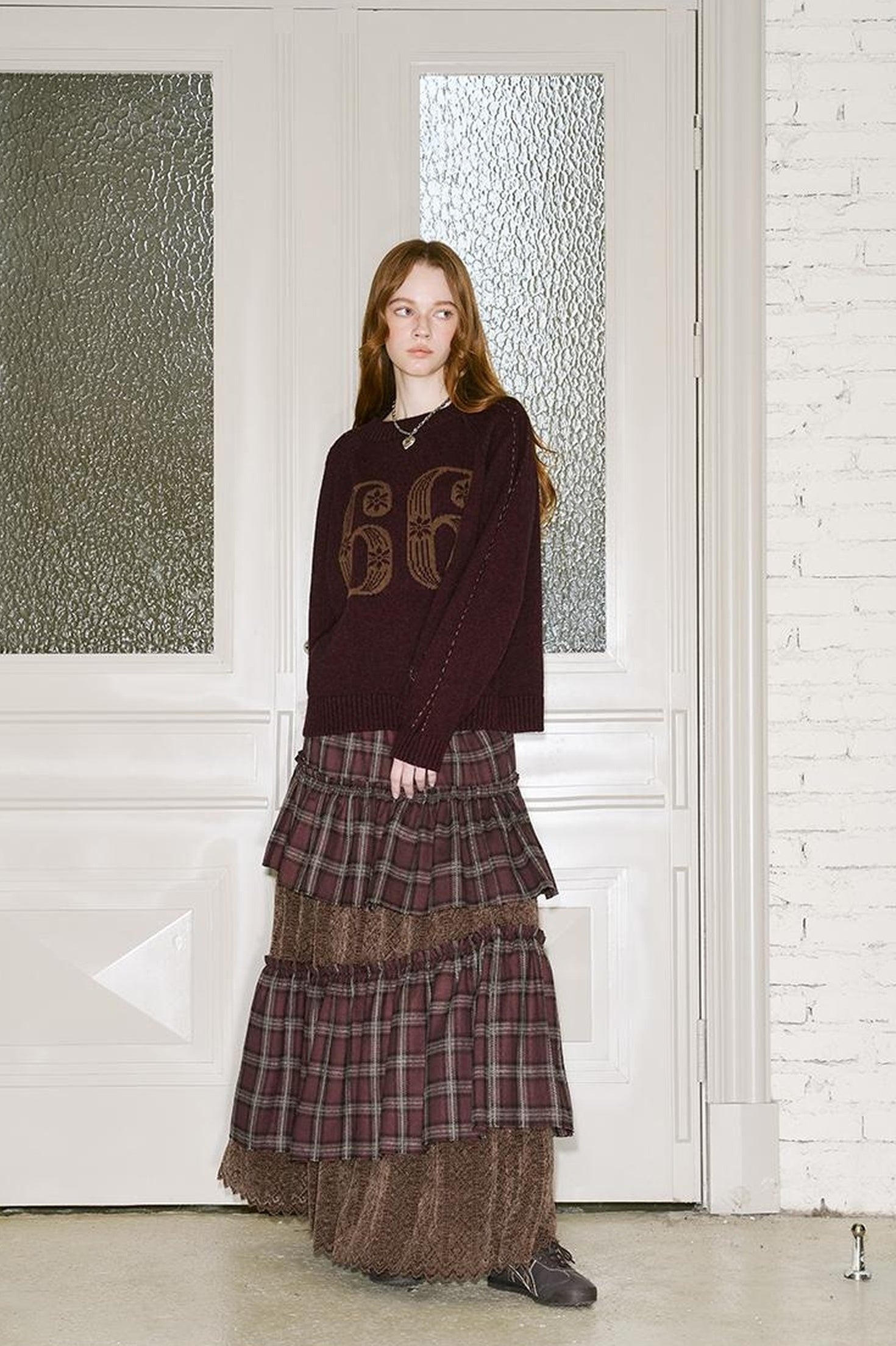 DIDDI MODA Retro Plaid Lace Tiered Ruffle Skirt