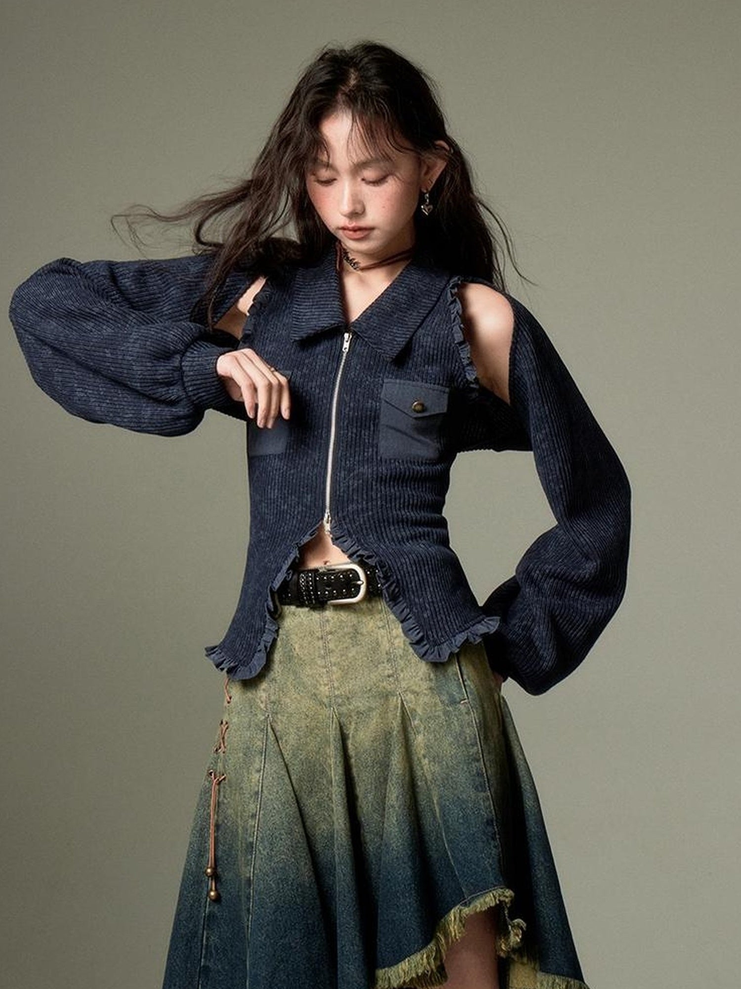 DIDDI MODA Retro Polo Knit Vest Cape Set Autumn Chic