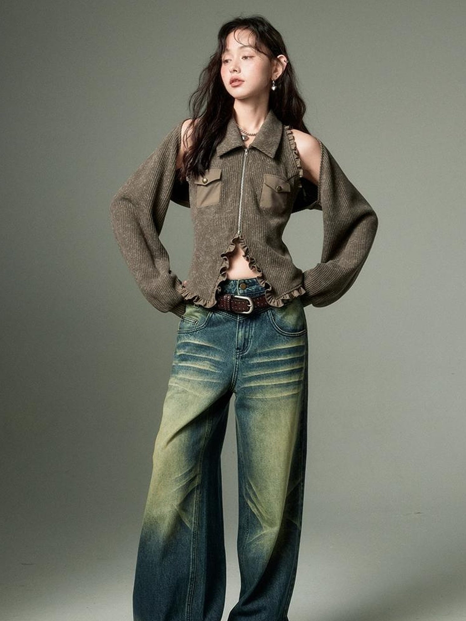 DIDDI MODA Retro Polo Knit Vest Cape Set Autumn Chic