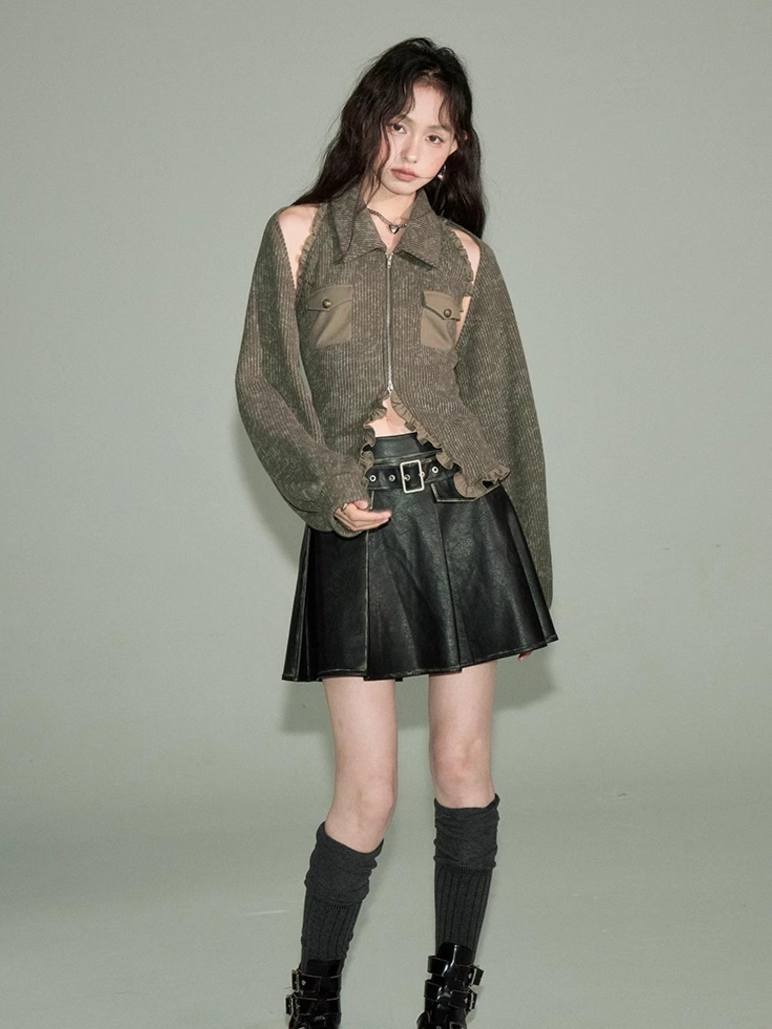 DIDDI MODA Retro Polo Knit Vest Cape Set Autumn Chic