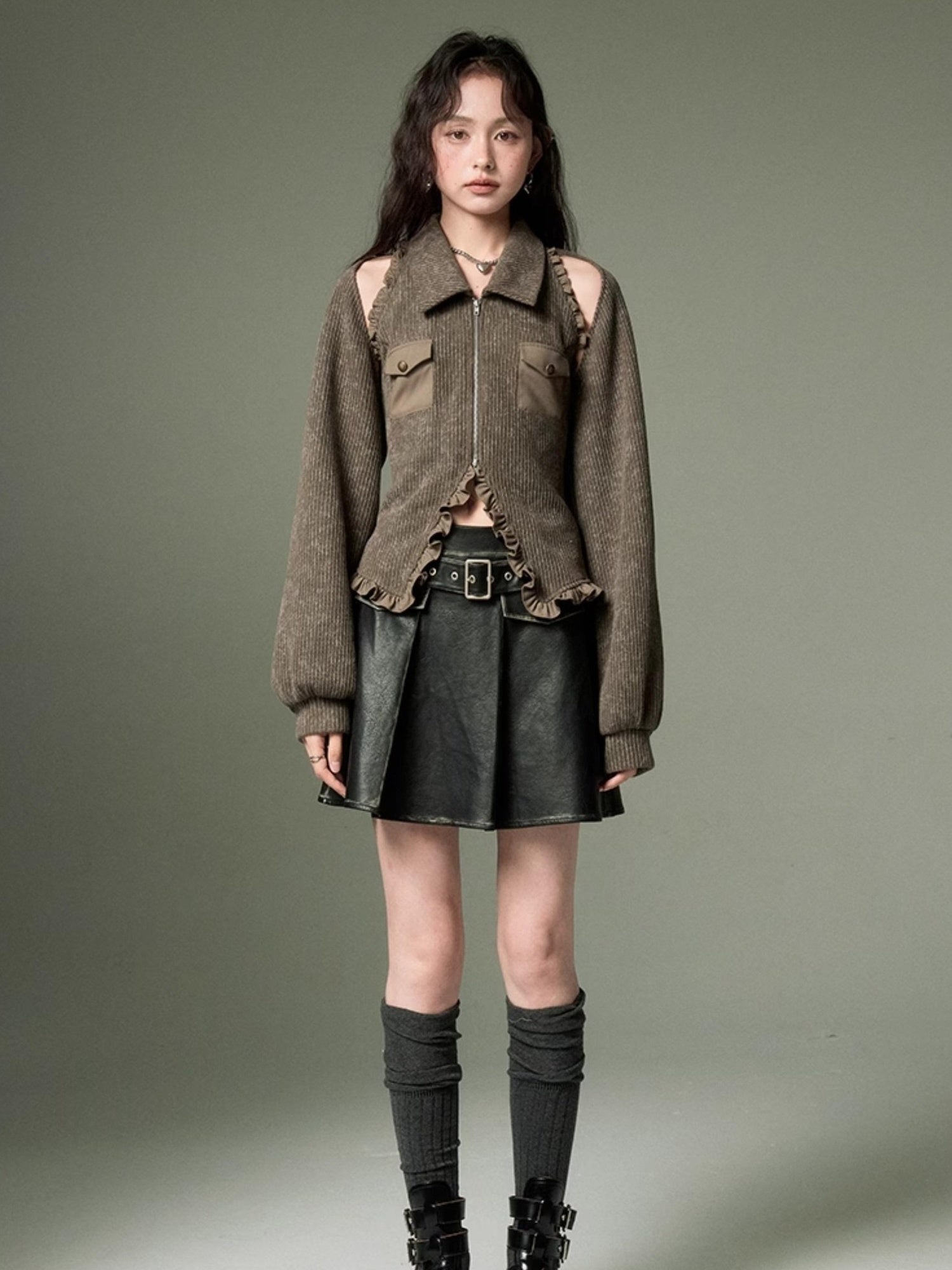 DIDDI MODA Retro Polo Knit Vest Cape Set Autumn Chic