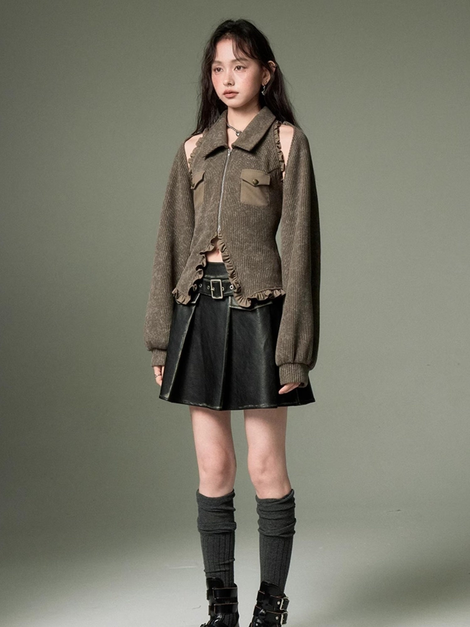 DIDDI MODA Retro Polo Knit Vest Cape Set Autumn Chic