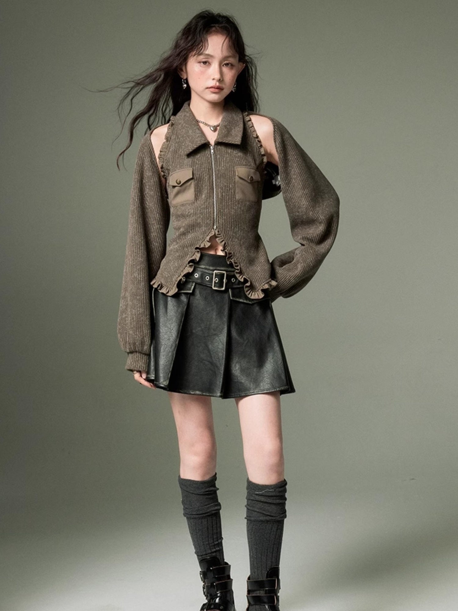 DIDDI MODA Retro Polo Knit Vest Cape Set Autumn Chic