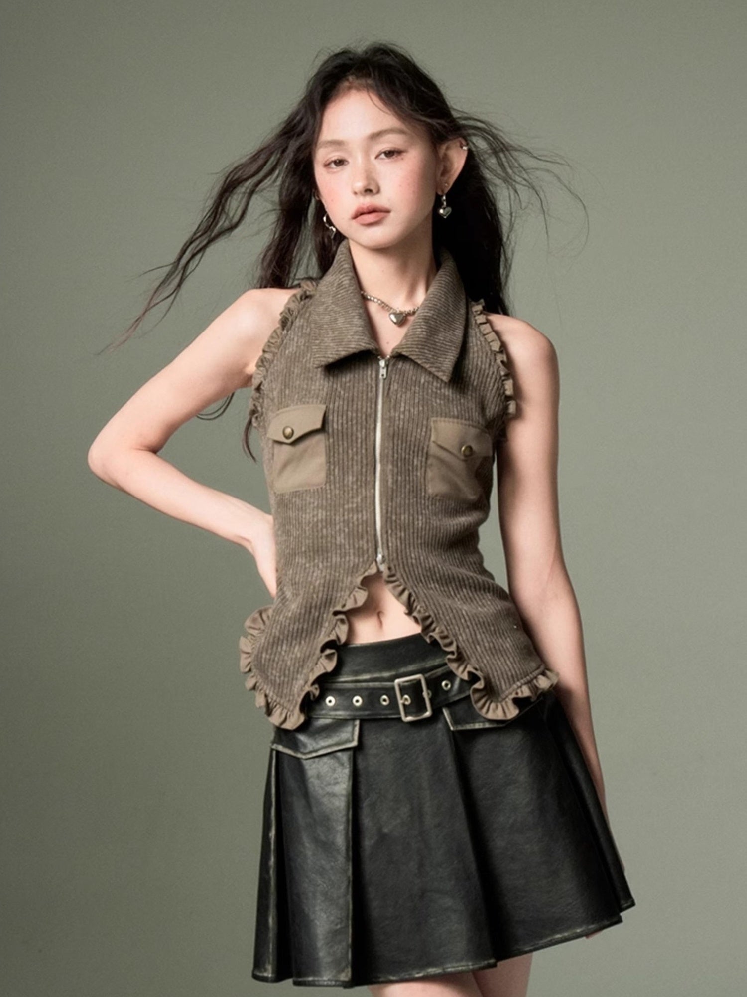 DIDDI MODA Retro Polo Knit Vest Cape Set Autumn Chic