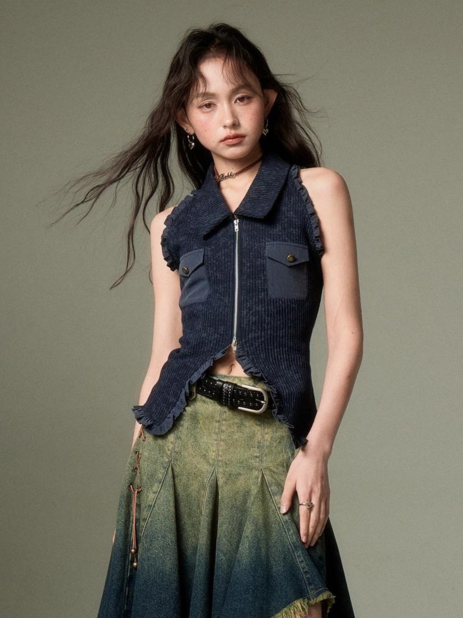 DIDDI MODA Retro Polo Knit Vest Cape Set Autumn Chic