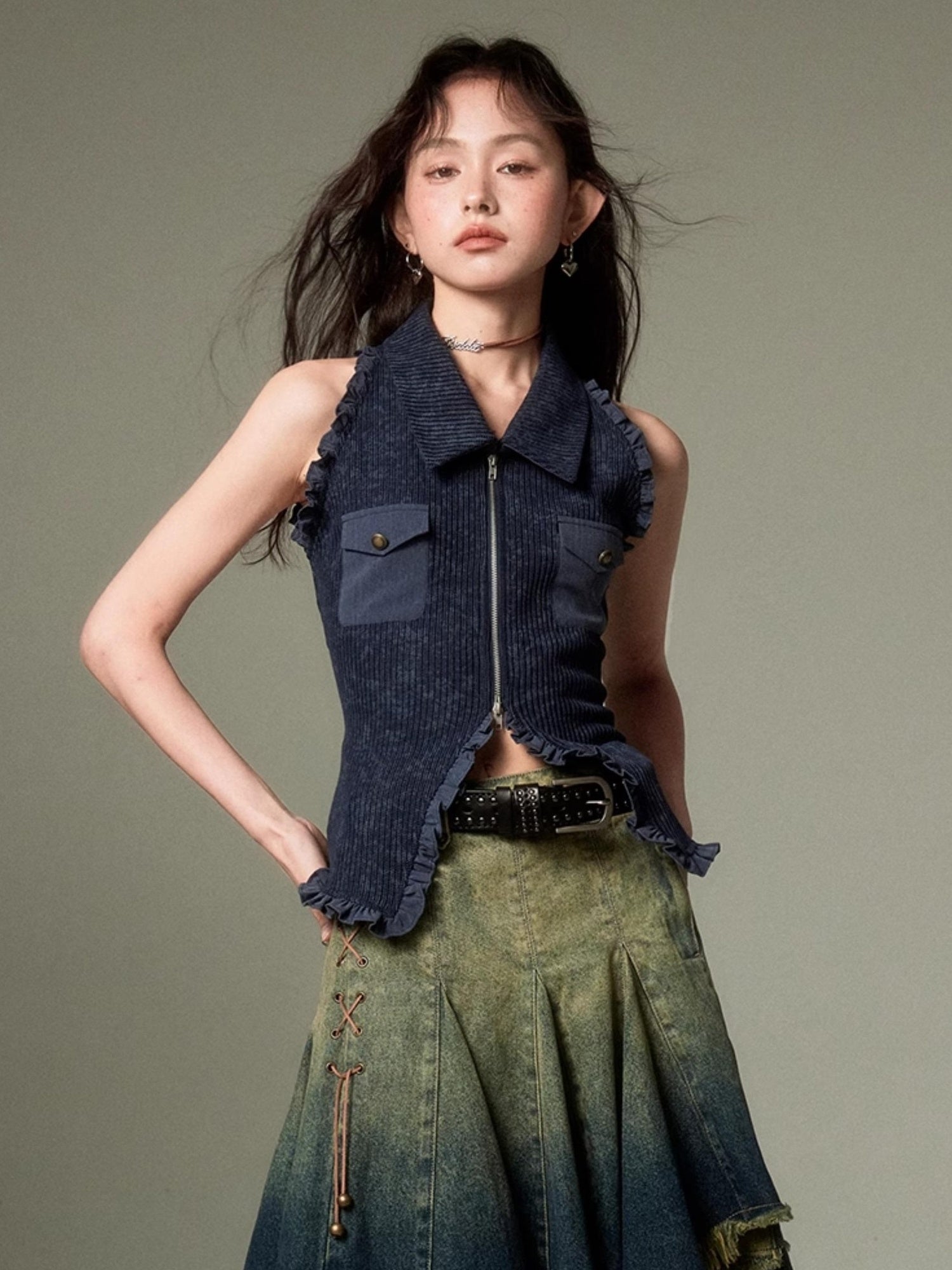 DIDDI MODA Retro Polo Knit Vest Cape Set Autumn Chic