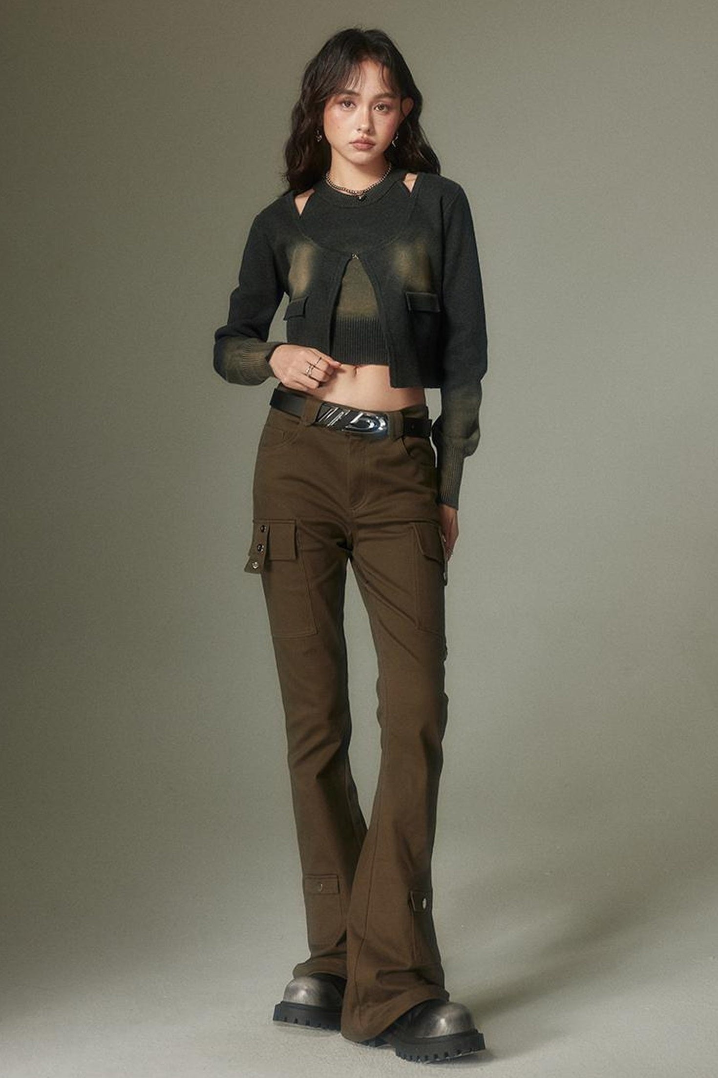 DIDDI MODA Retro Slim Cargo Pants High Waist Flared Trousers