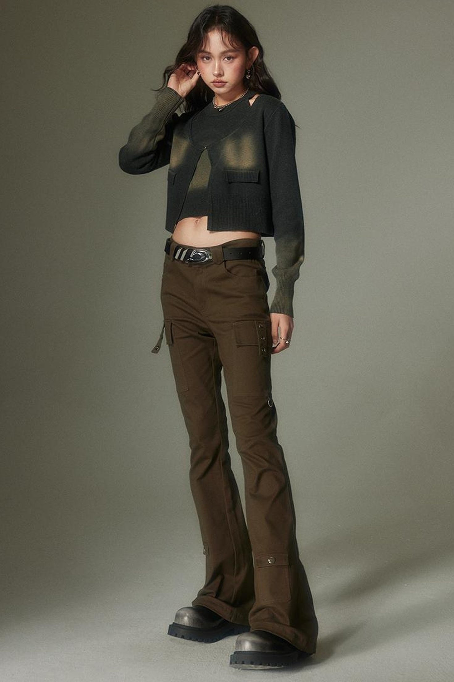 DIDDI MODA Retro Slim Cargo Pants High Waist Flared Trousers