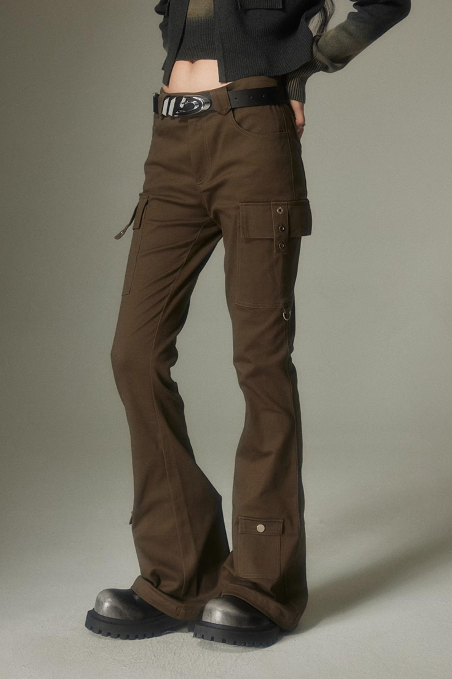 DIDDI MODA Retro Slim Cargo Pants High Waist Flared Trousers