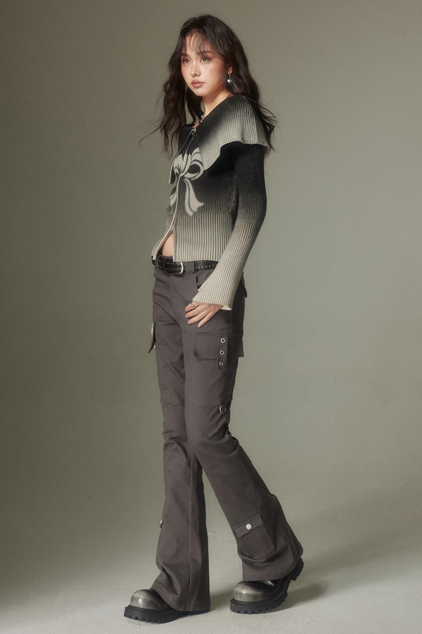 DIDDI MODA Retro Slim Cargo Pants High Waist Flared Trousers