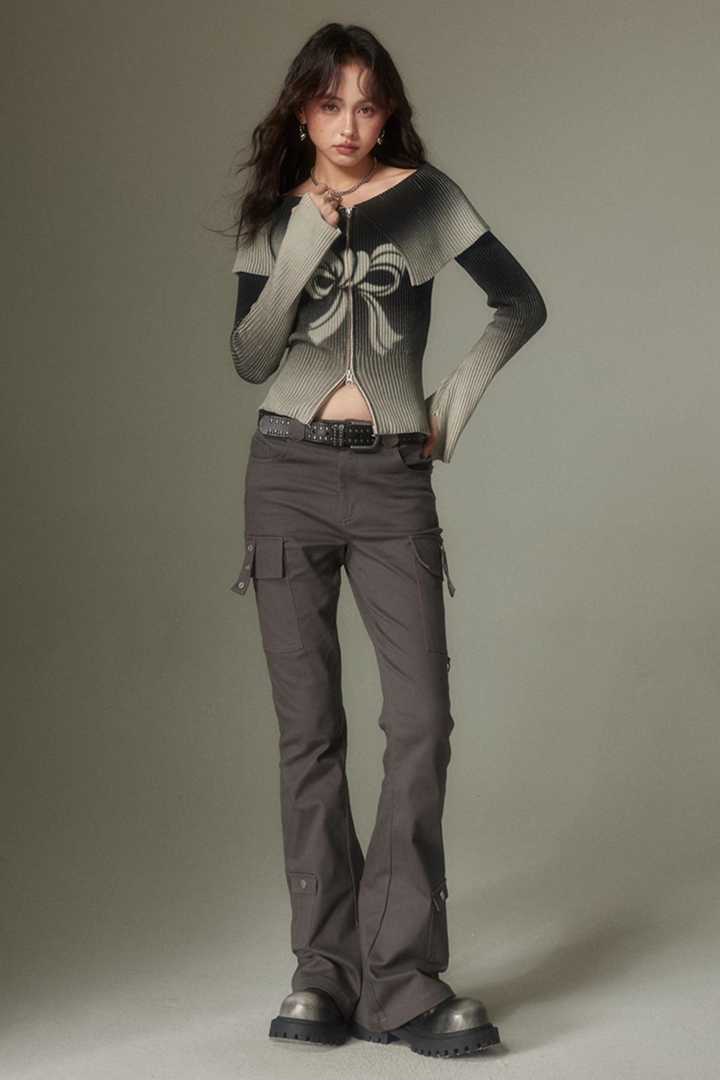 DIDDI MODA Retro Slim Cargo Pants High Waist Flared Trousers