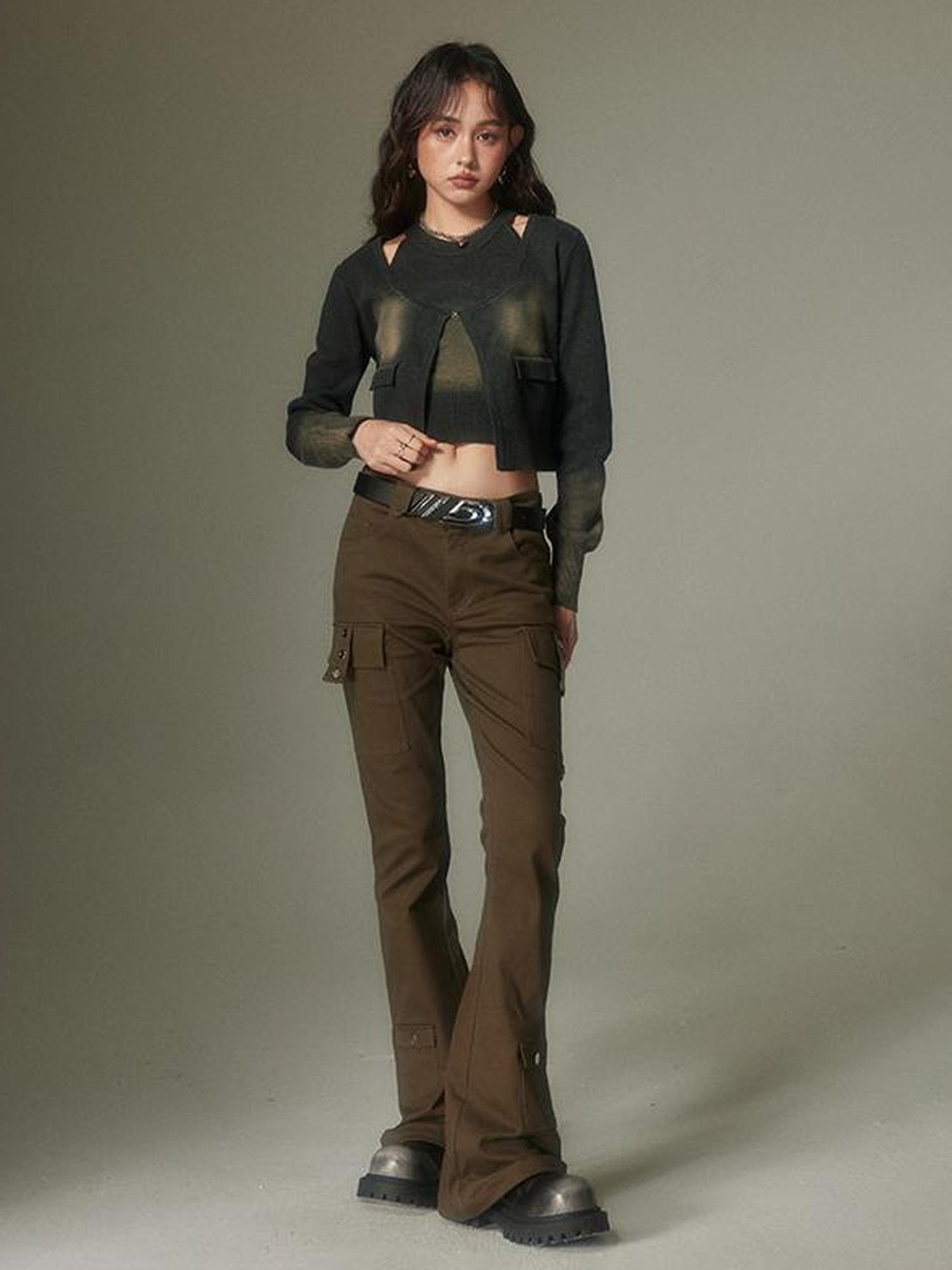 DIDDI MODA Retro Slim Cargo Pants High Waist Flared Trousers