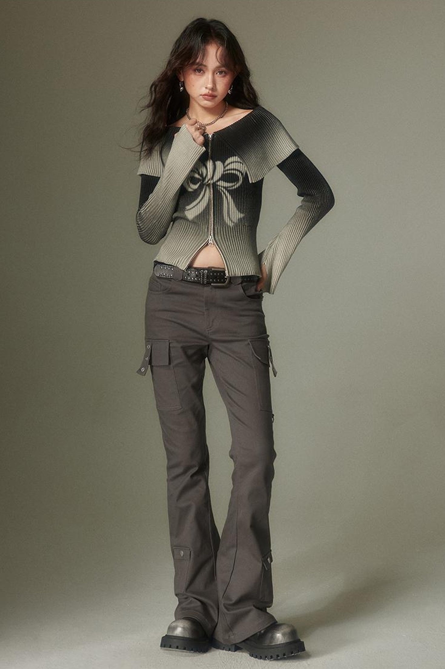 DIDDI MODA Retro Slim Cargo Pants High Waist Flared Trousers