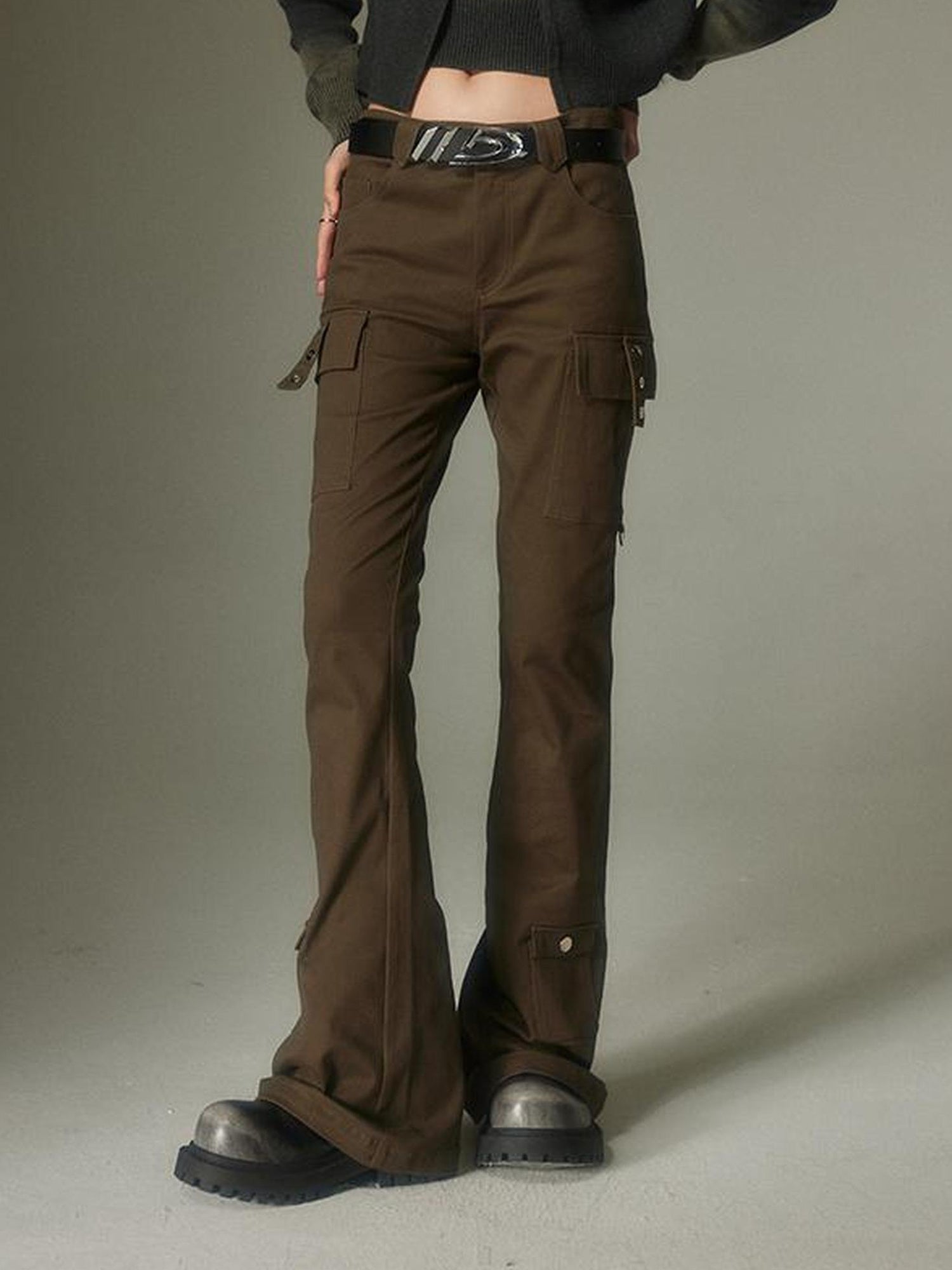 DIDDI MODA Retro Slim Cargo Pants High Waist Flared Trousers