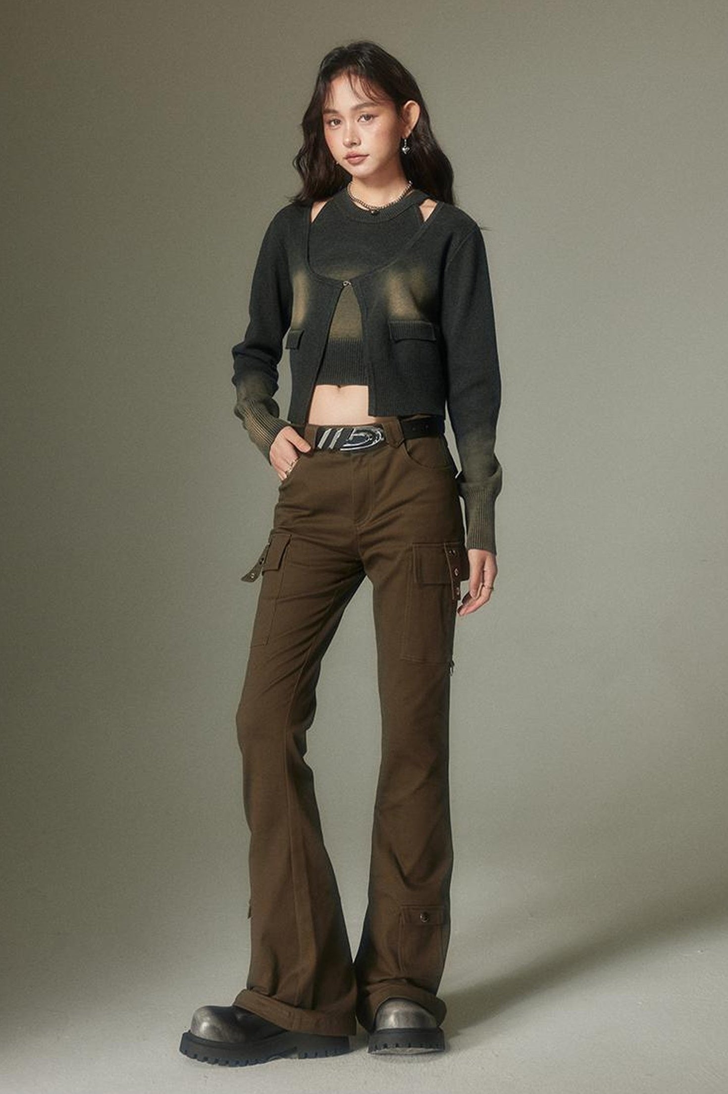 DIDDI MODA Retro Slim Cargo Pants High Waist Flared Trousers