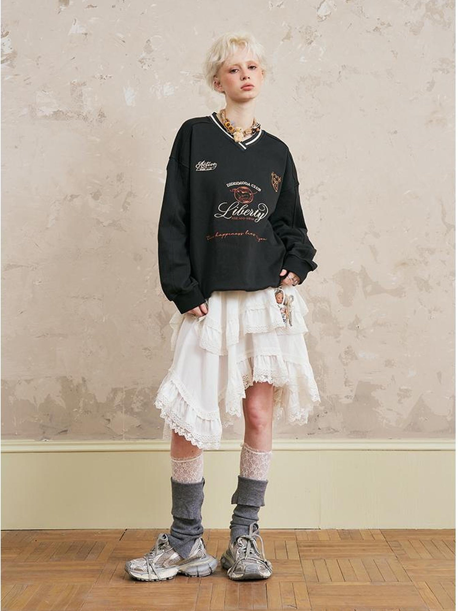 DIDDI MODA Retro Sport V Neck Color Block Sweatshirt