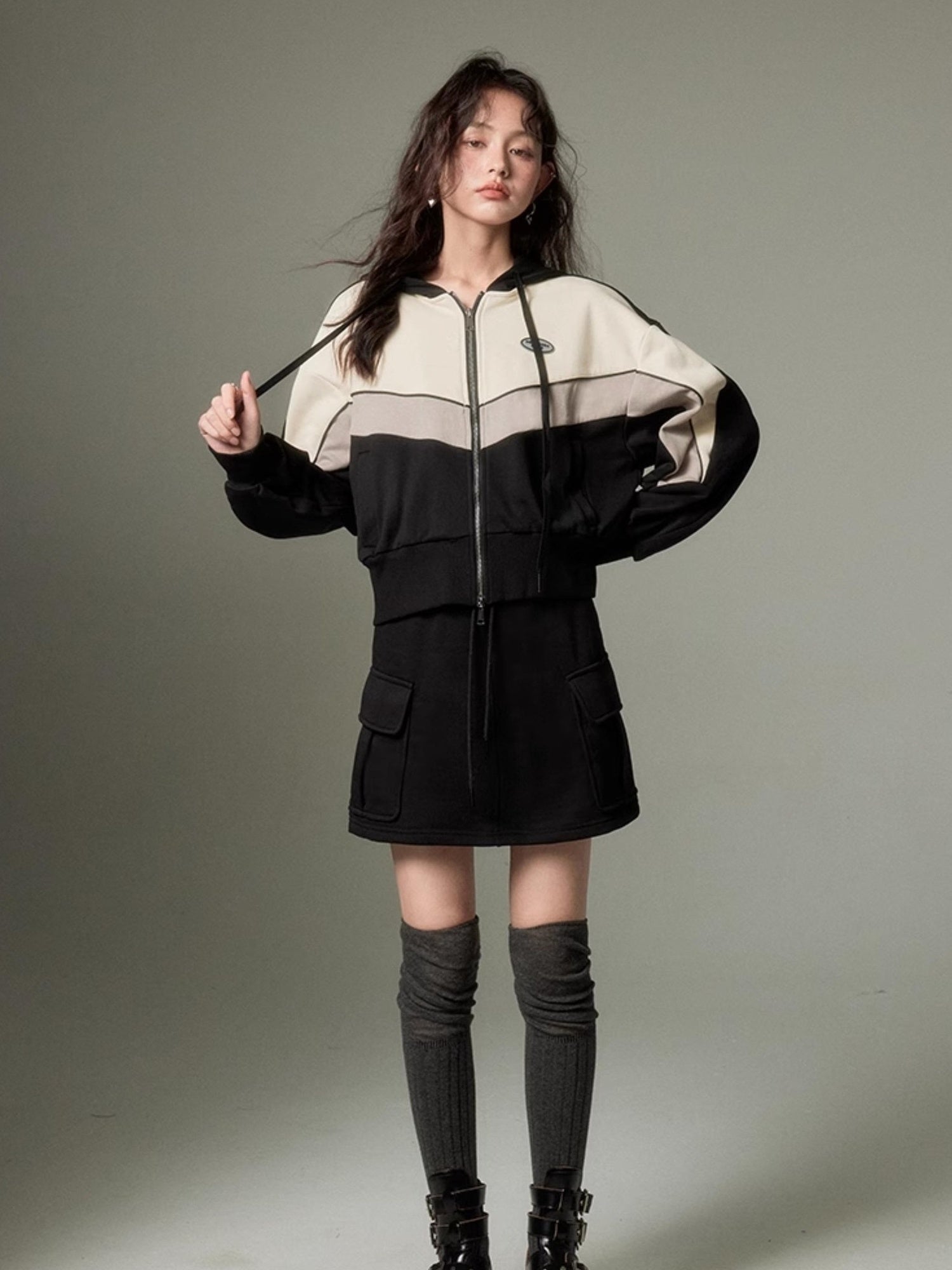 DIDDI MODA Retro Sporty Hoodie Skirt Set