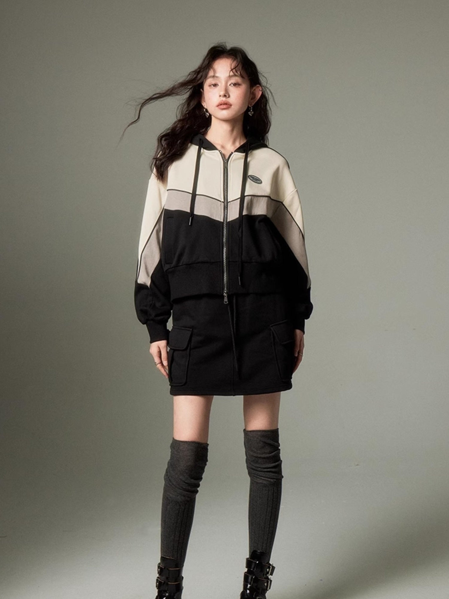 DIDDI MODA Retro Sporty Hoodie Skirt Set