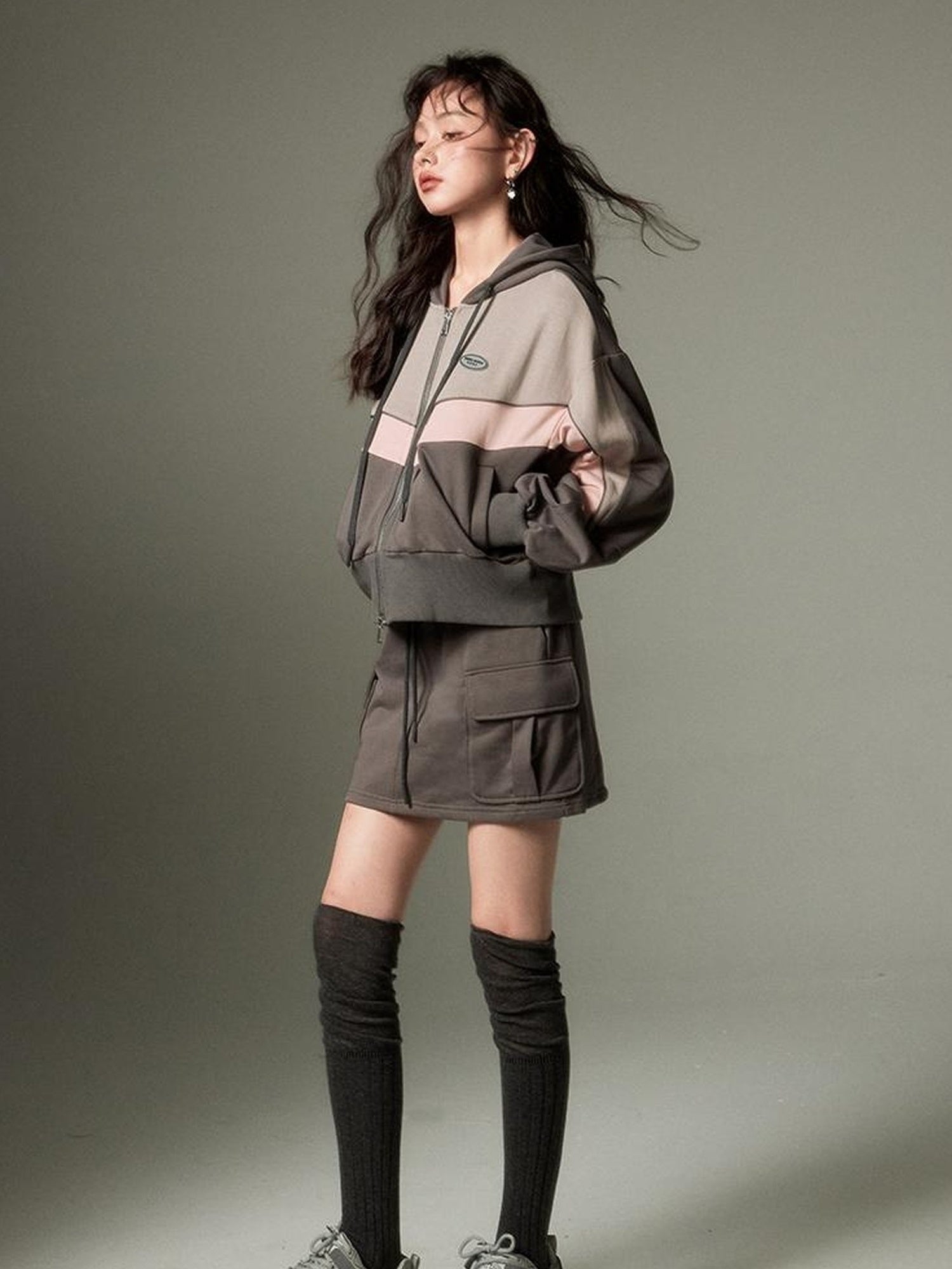 DIDDI MODA Retro Sporty Hoodie Skirt Set