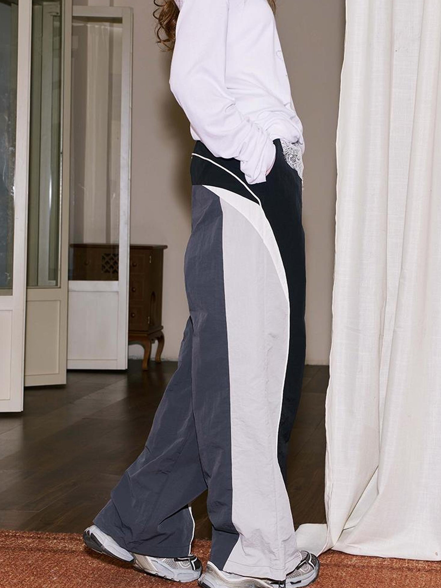 DIDDI MODA Retro Sporty Split Panel Nylon Pants