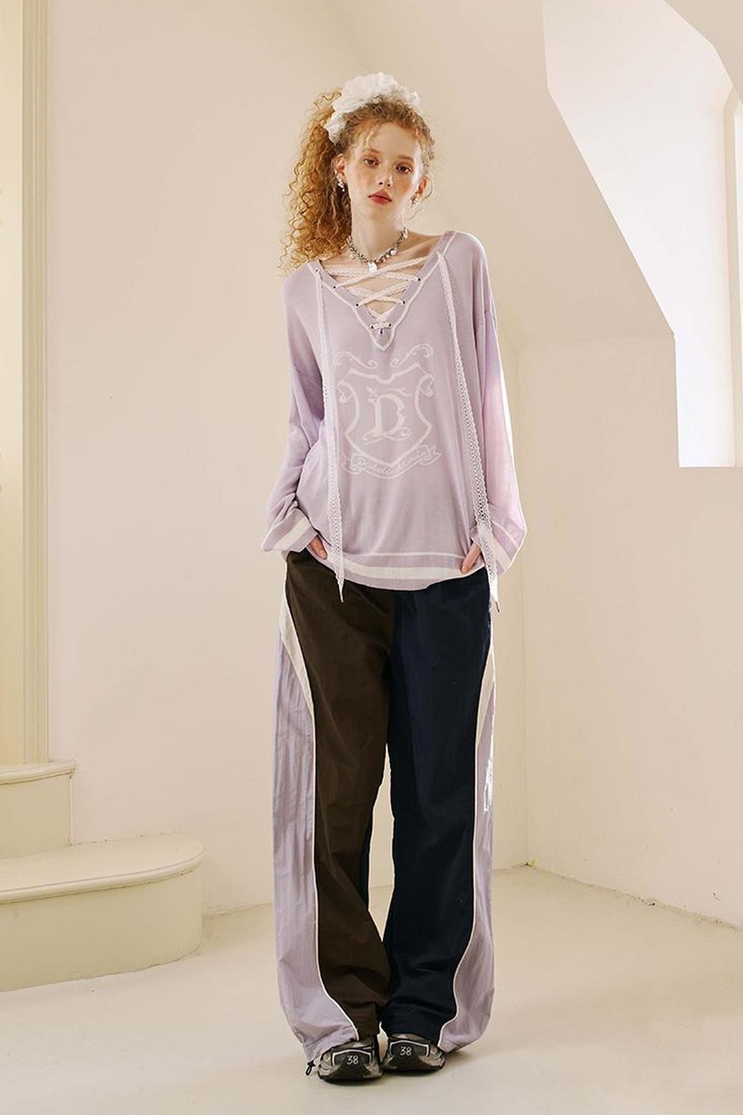 DIDDI MODA Retro Sporty Split Panel Nylon Pants