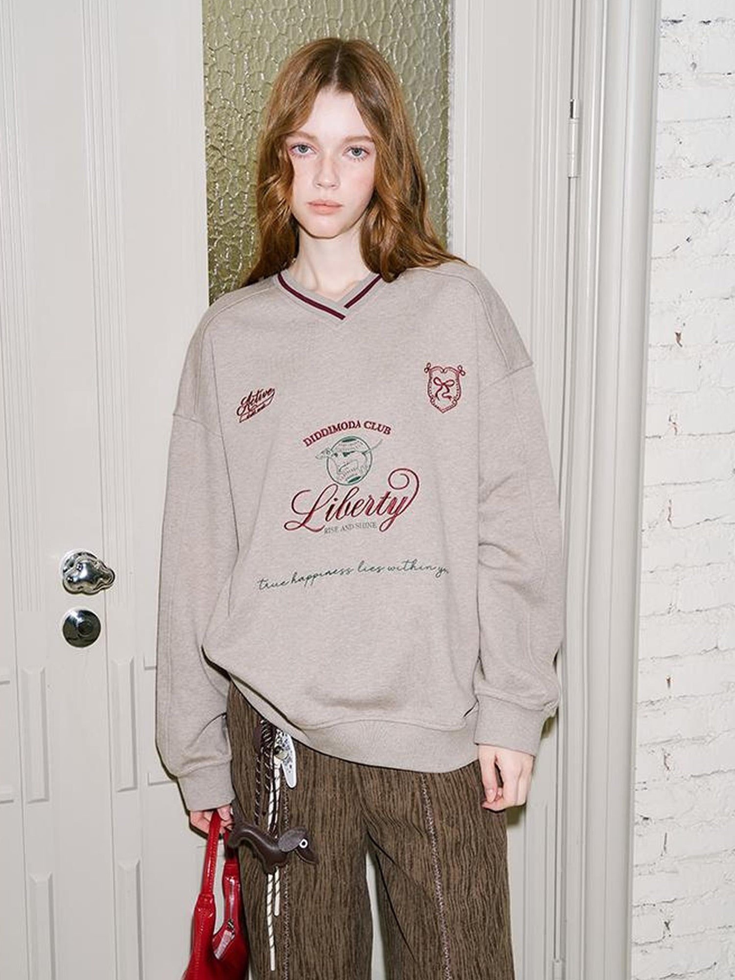 DIDDI MODA Retro Sporty V Neck Colorblock Sweatshirt