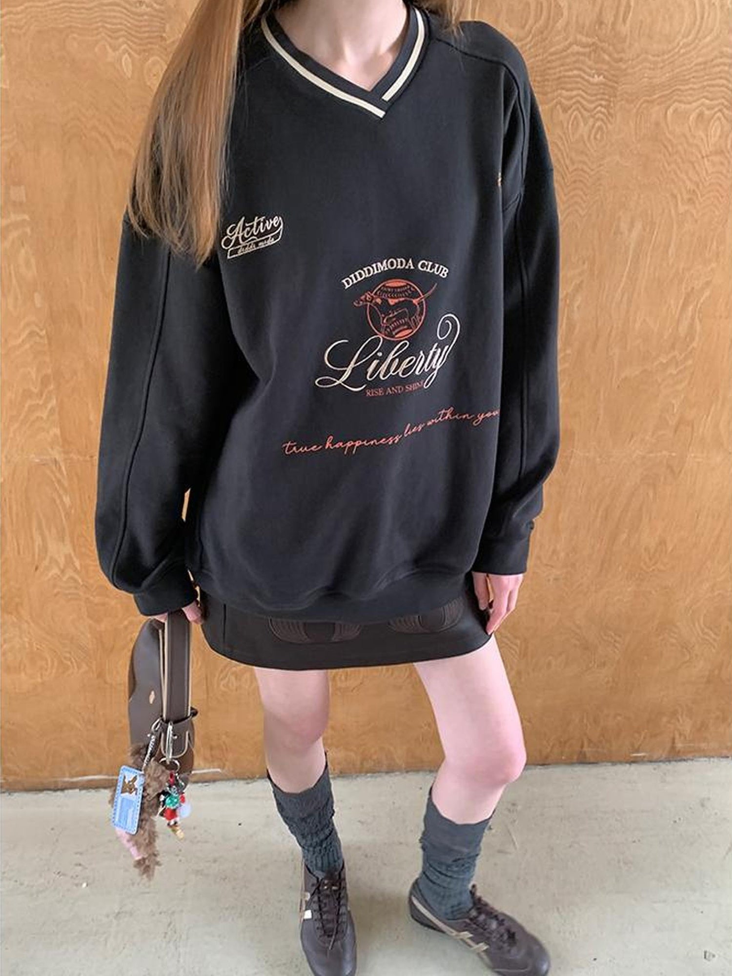 DIDDI MODA Retro Sporty V Neck Colorblock Sweatshirt